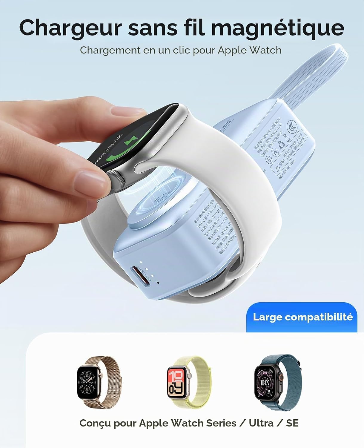 Thumbnail 3 de ORICO Mini Power Bank 5000mAh — Chargeur 3-en-1 PD 22,5W avec USB-C pliable et câble intégré, magnétique Apple Watch, Bleu