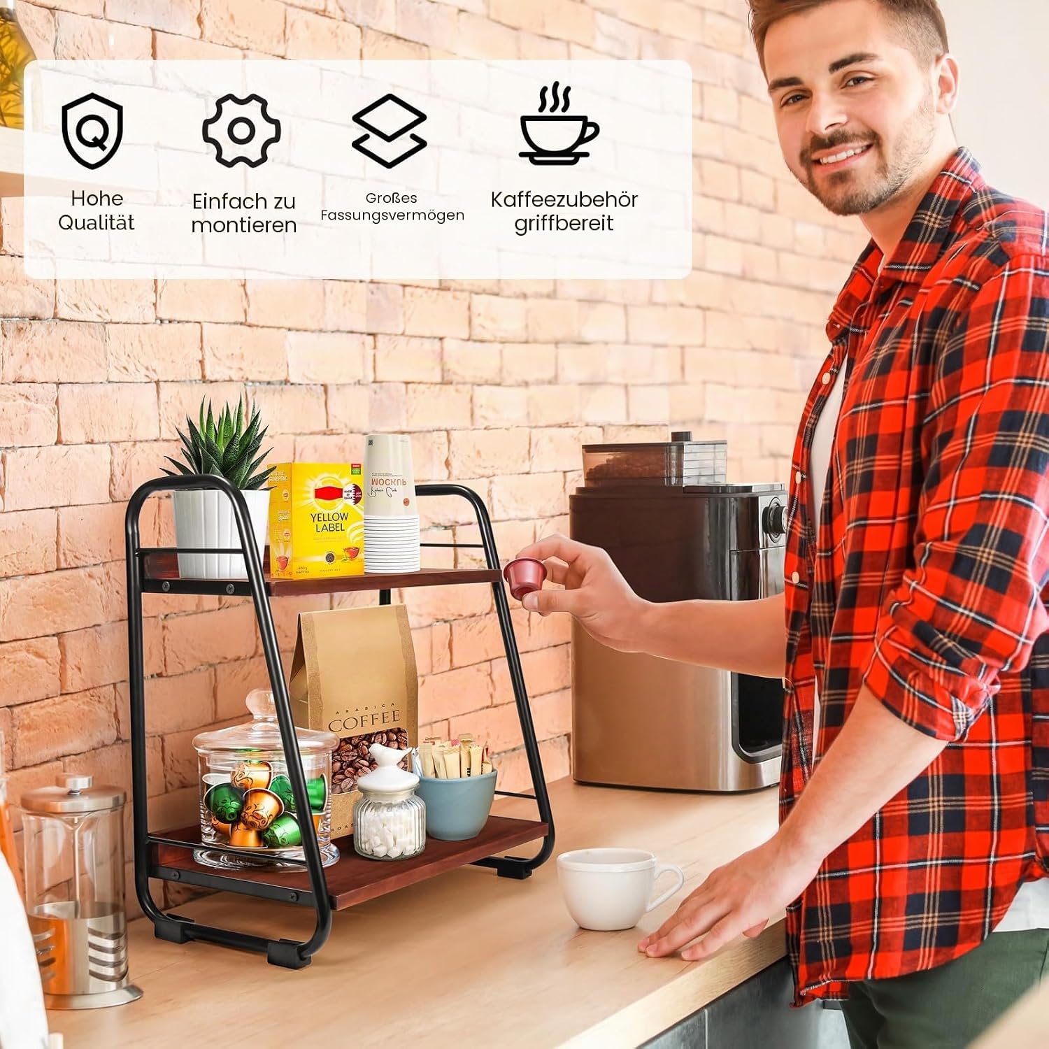 Thumbnail 6 de Kaffeeregal Küchenorganizer 2-Tier – Gewürz- und Tassenregal für die Kaffee-Ecke aus Holz und Metall