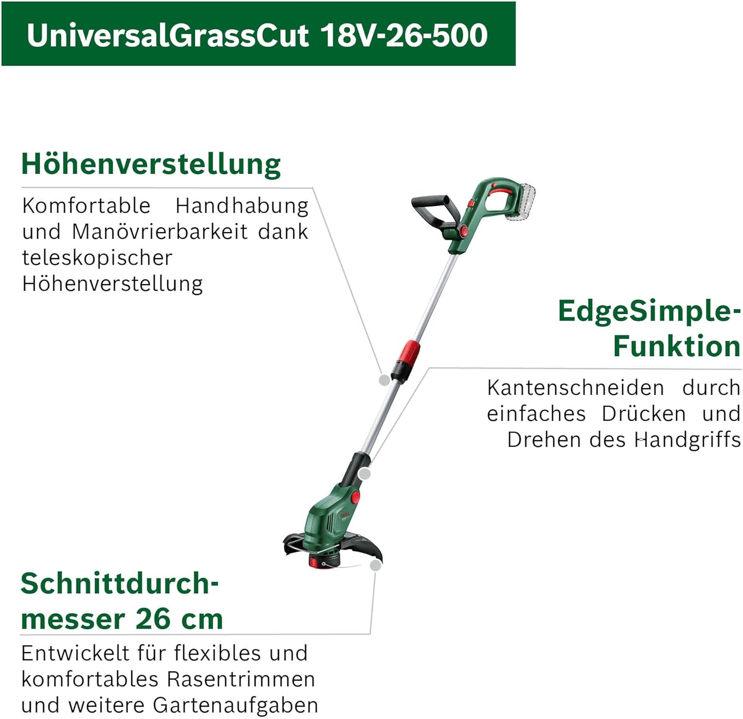 Thumbnail 2 de Bosch Akku-Rasentrimmer UniversalGrassCut 18V-26-500 (ohne Akku, ohne Ladegerät) – fürs Rasenkanten- und -trimmen