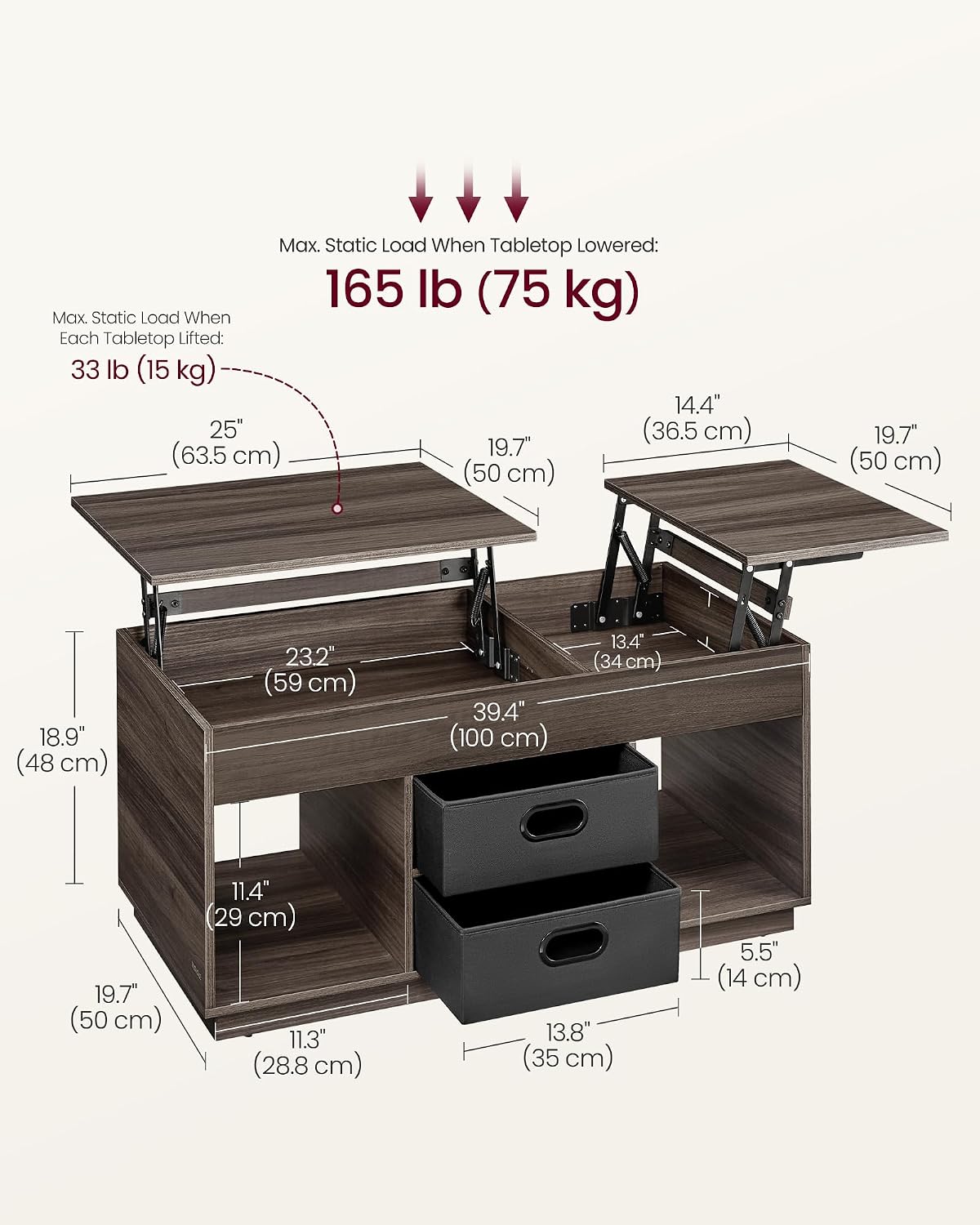 Detalle de VASAGLE LCT210K02 Lift-Top Coffee Table, Ash Brown, 2 Drawers