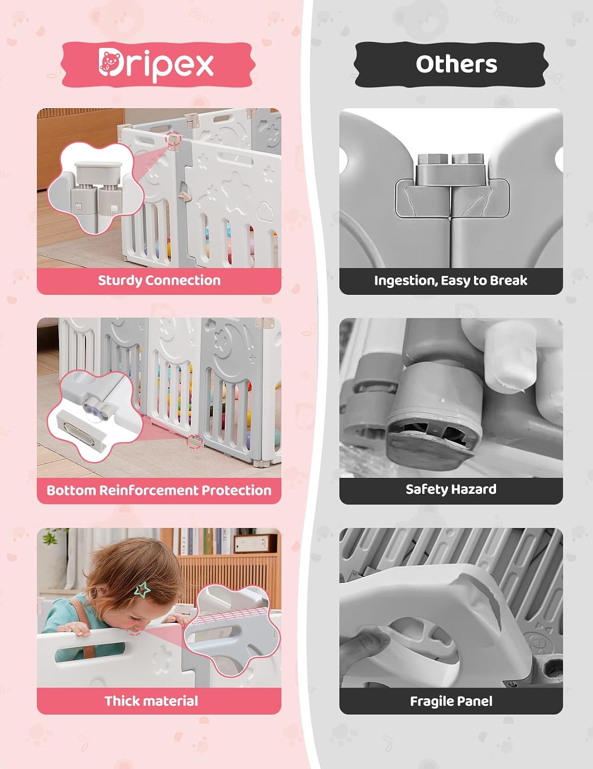 Detalle 1 de 10-Panel Foldable Baby Playpen, Adjustable PE Play Yard with Gate, Gray and White