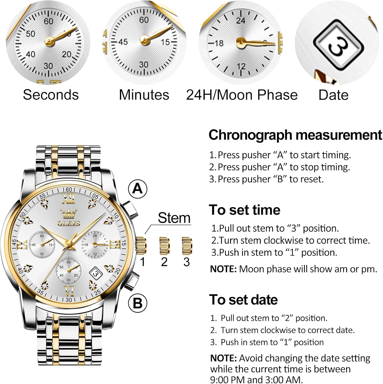 Detalle de OLEVS Men's Chronograph Watch: Gold & Silver Stainless Steel with Diamond Accents