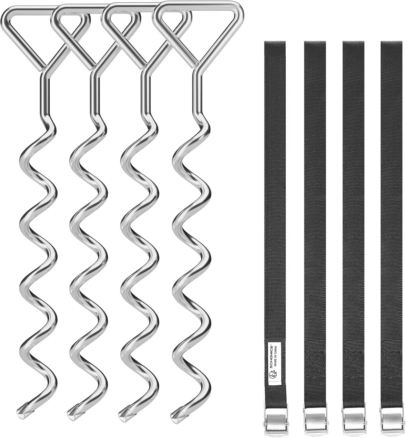 Detalle de SONGMICS Bodenanker für Trampoline SGN15INV1 – Spiral-Bodenverankerung mit 4 Erdankern und Polyester-Gurten