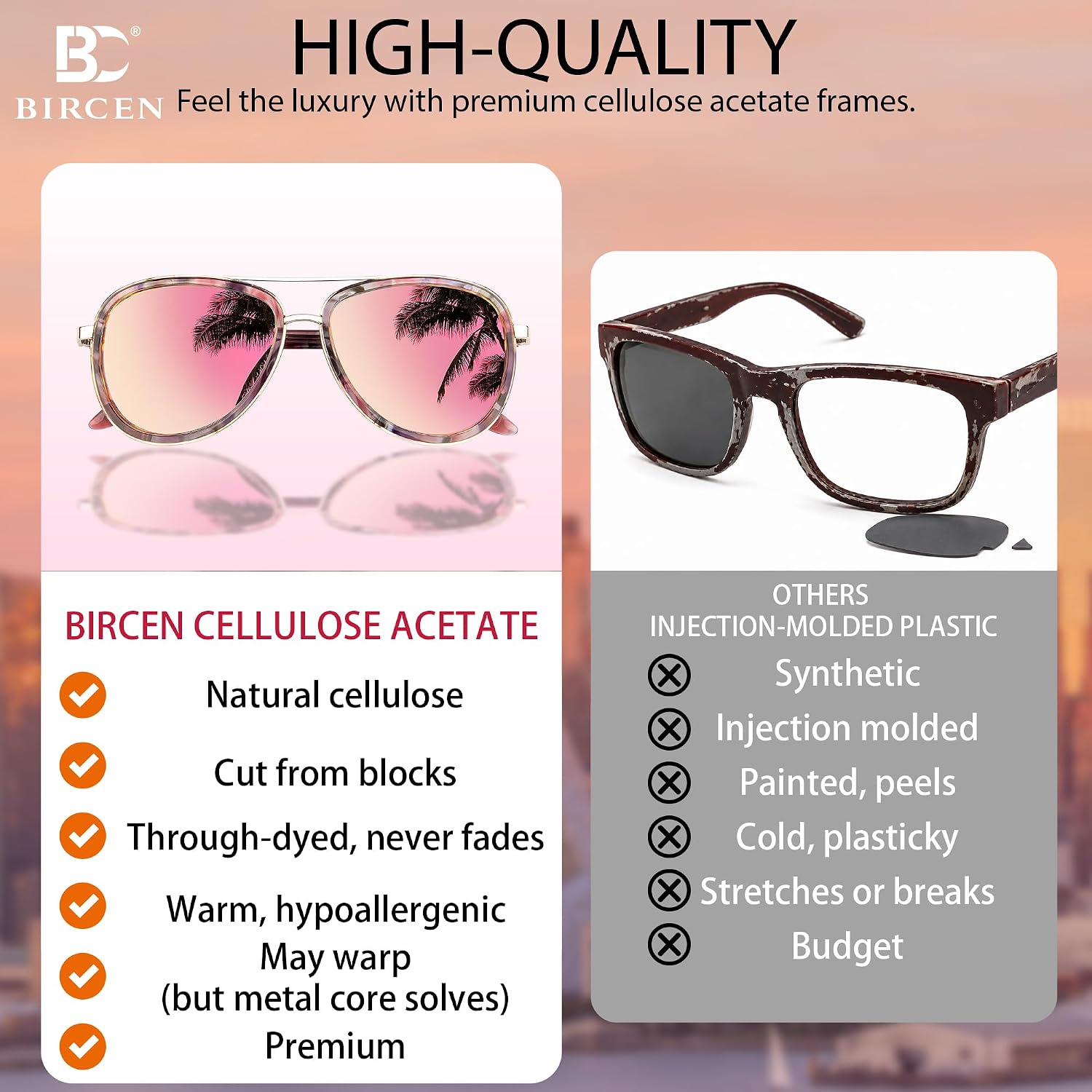 Detalle de Bircen BC2001 Polarized Retro Mirrored Sunglasses for Women with Acetate Frame