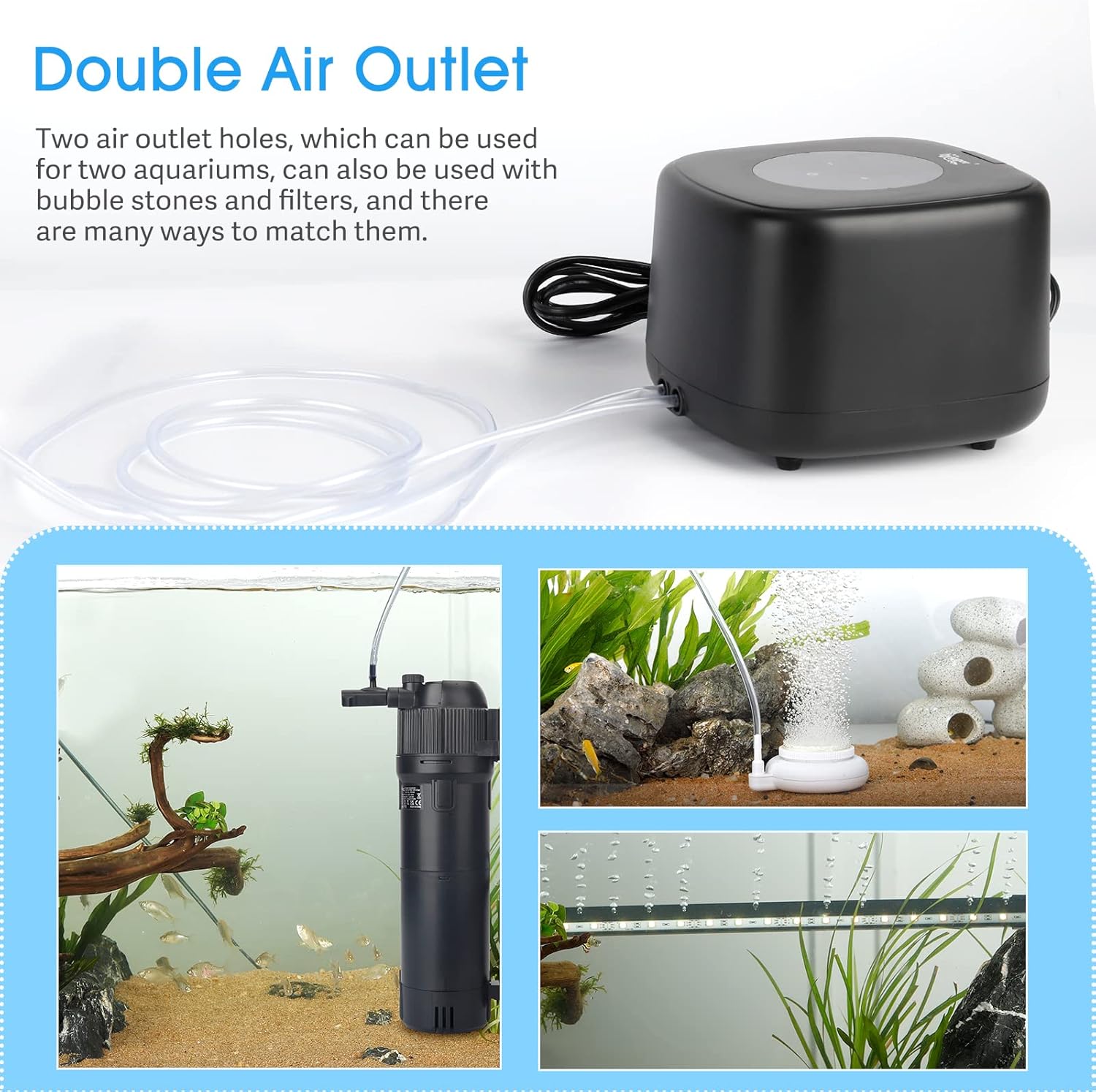 Thumbnail 4 de hygger Aquarium Air Pump: Ultra Silent, 2 Outlets, 5W, Adjustable 4-Speed for Tanks up to 1100 L