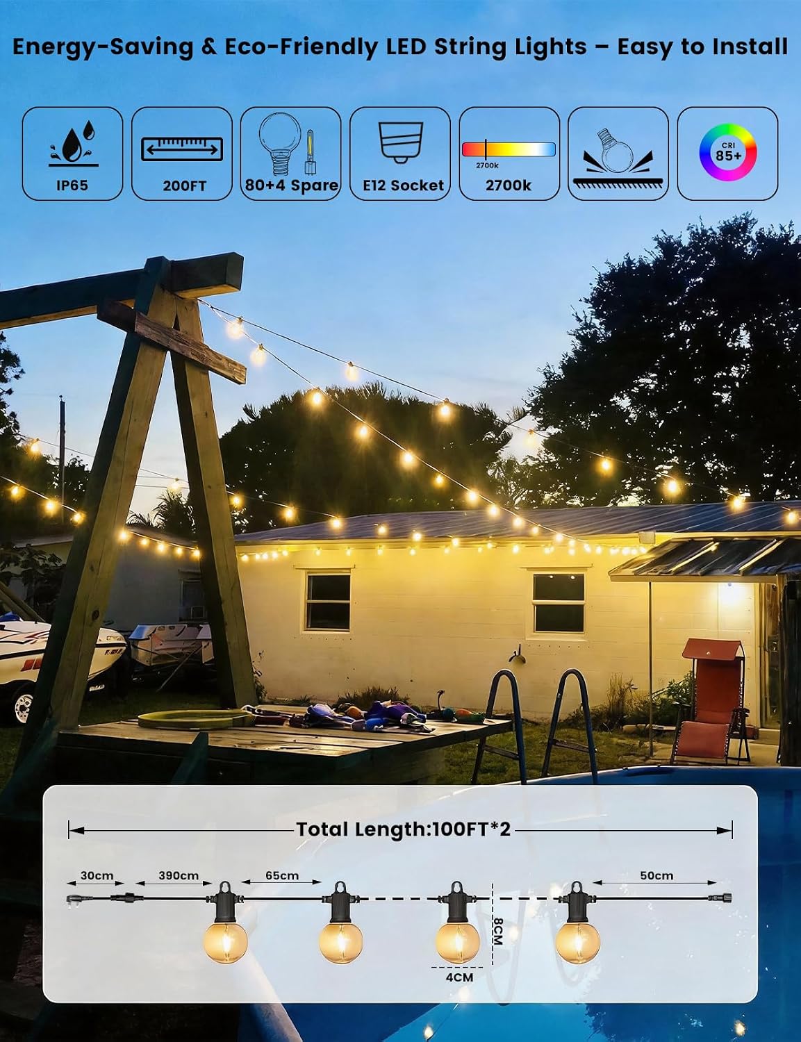 Thumbnail 5 de ZOTOYI Festoon Lights Outdoor 60M mains string lights (IP65) with 80+4 shatterproof LED bulbs, 2700K