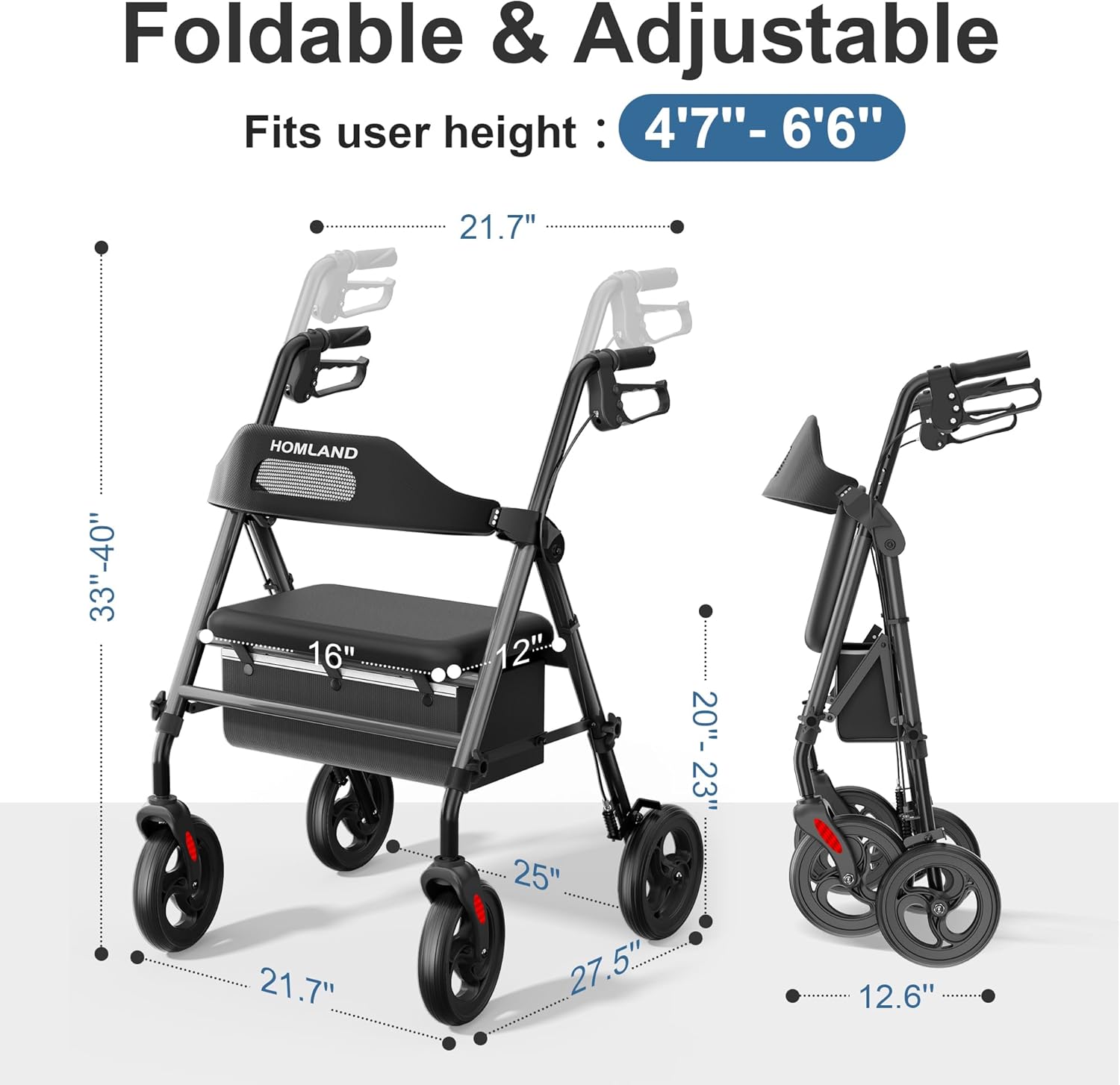 Detalle de HOMLAND Foldable Rollator Walker with Seat, 8" Big Wheels, 350 lb capacity (Black)