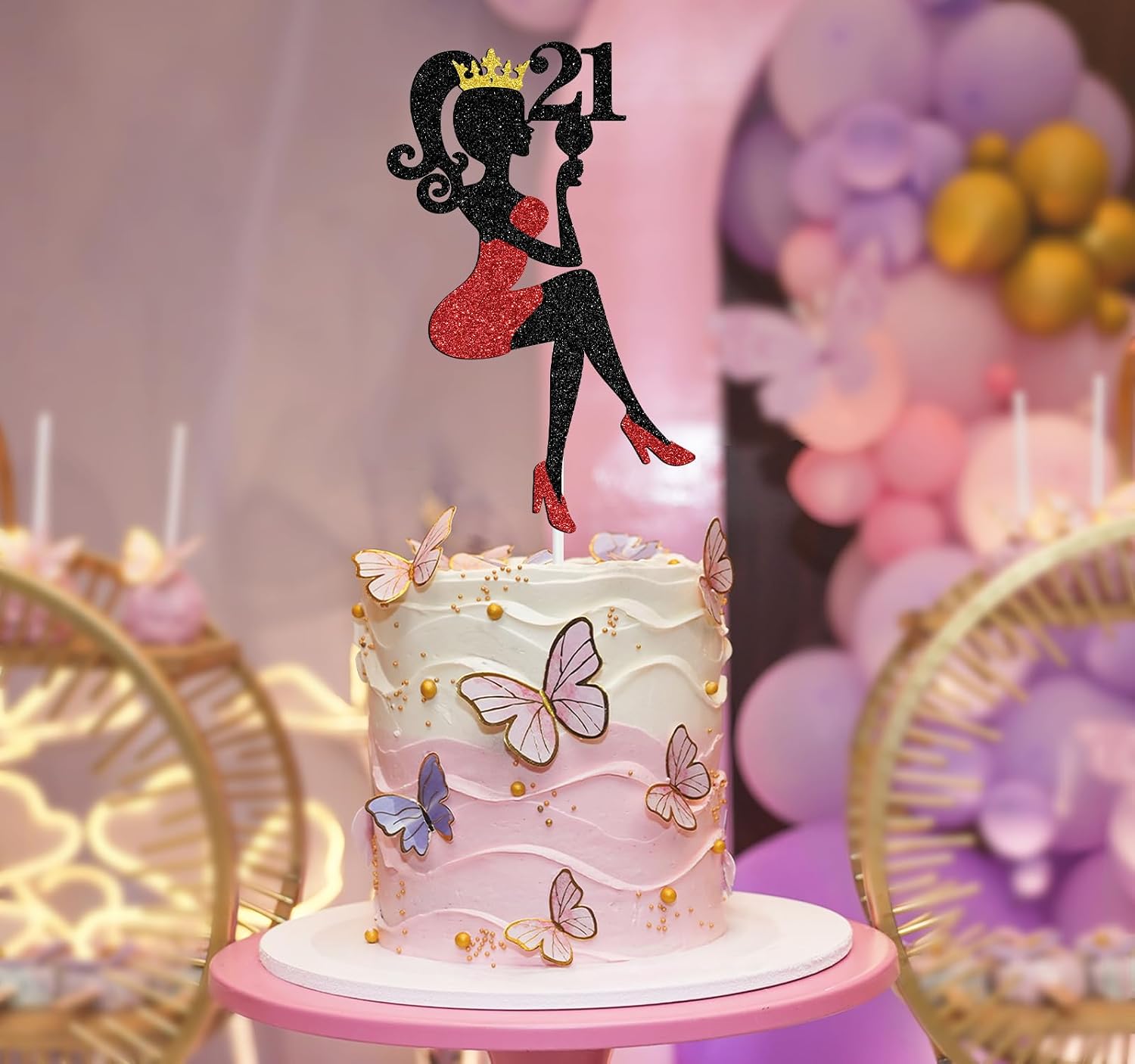 Detalle de NARLOPI Lady Happy 21st Birthday Cake Topper, Glitter Paper Decoration