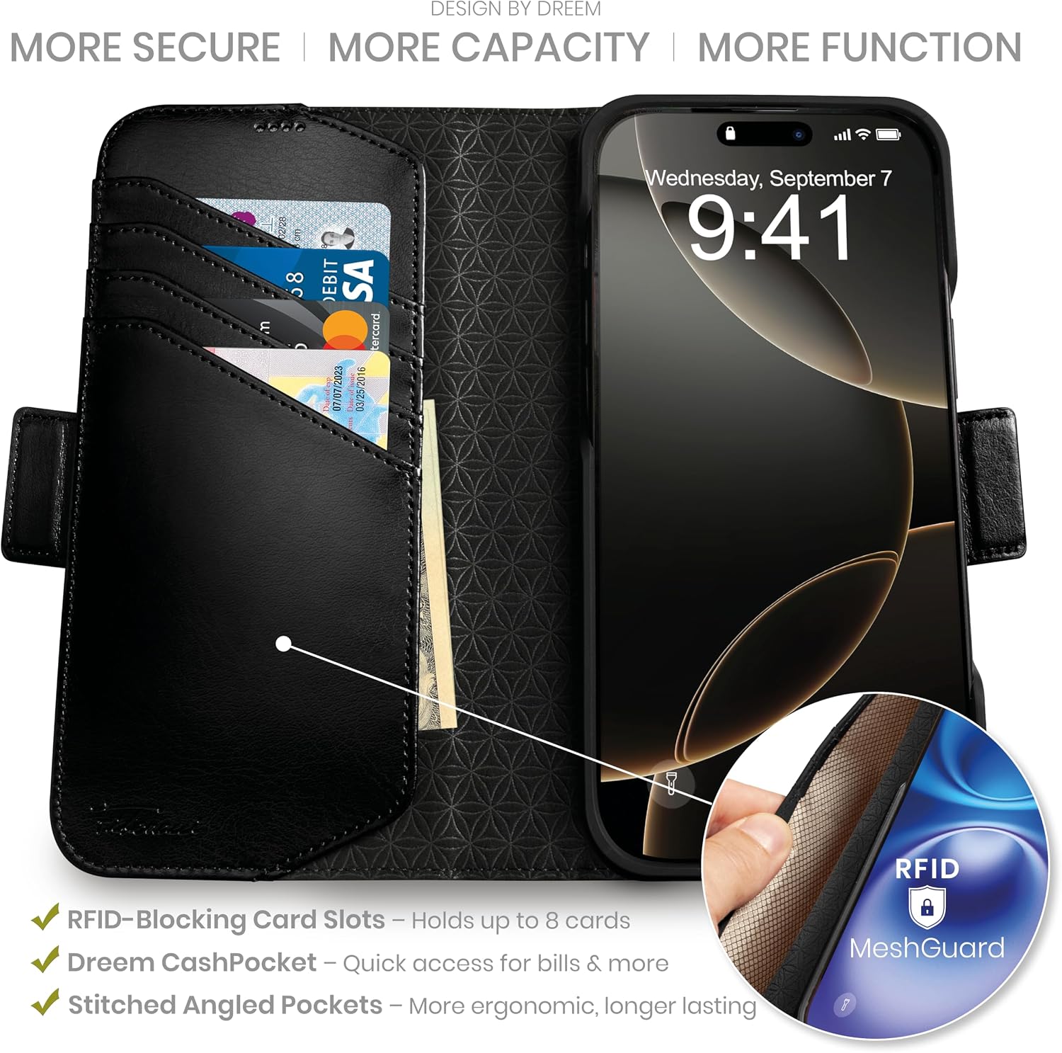 Detalle de Dreem Wallet Case for iPhone 16 Pro Max with 3-Way Kick-Stand and RFID Blocking