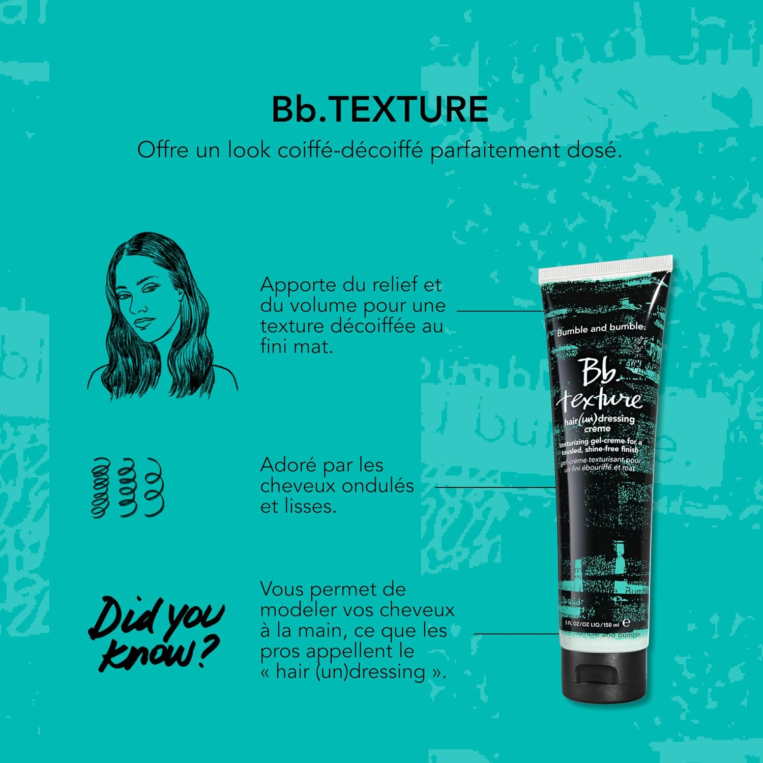 Detalle 2 de Texture Hair Un(dressing) Crème de coiffage de Bumble and bumble. Texture Hair — Crème coiffante fini mat pour cheveux bouclés, ondulés ou lisses, 150 ml