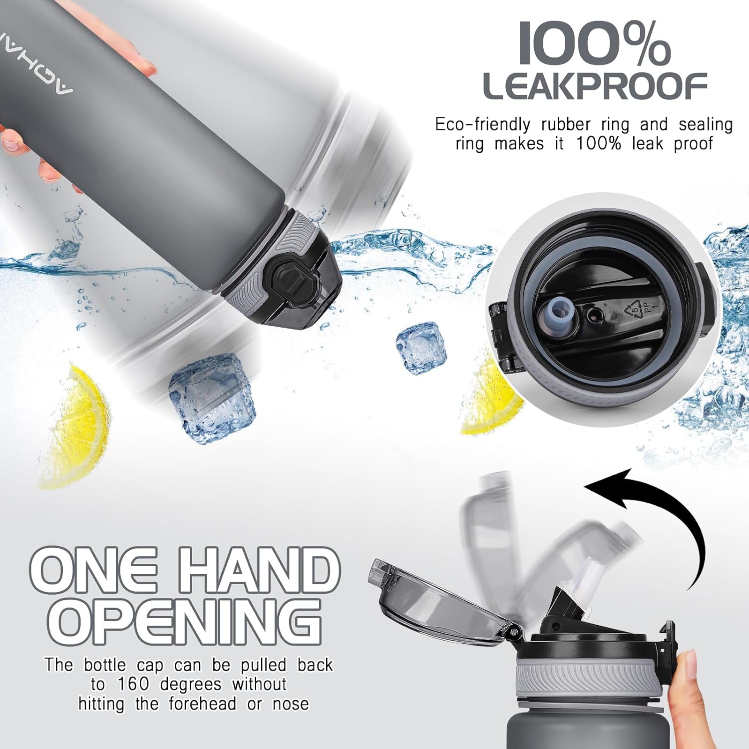 Thumbnail 2 de AOHAN Trinkflasche 600 ml mit auslaufsicherem Klappdeckel, Stroh und Tragegurt (BPA-frei)