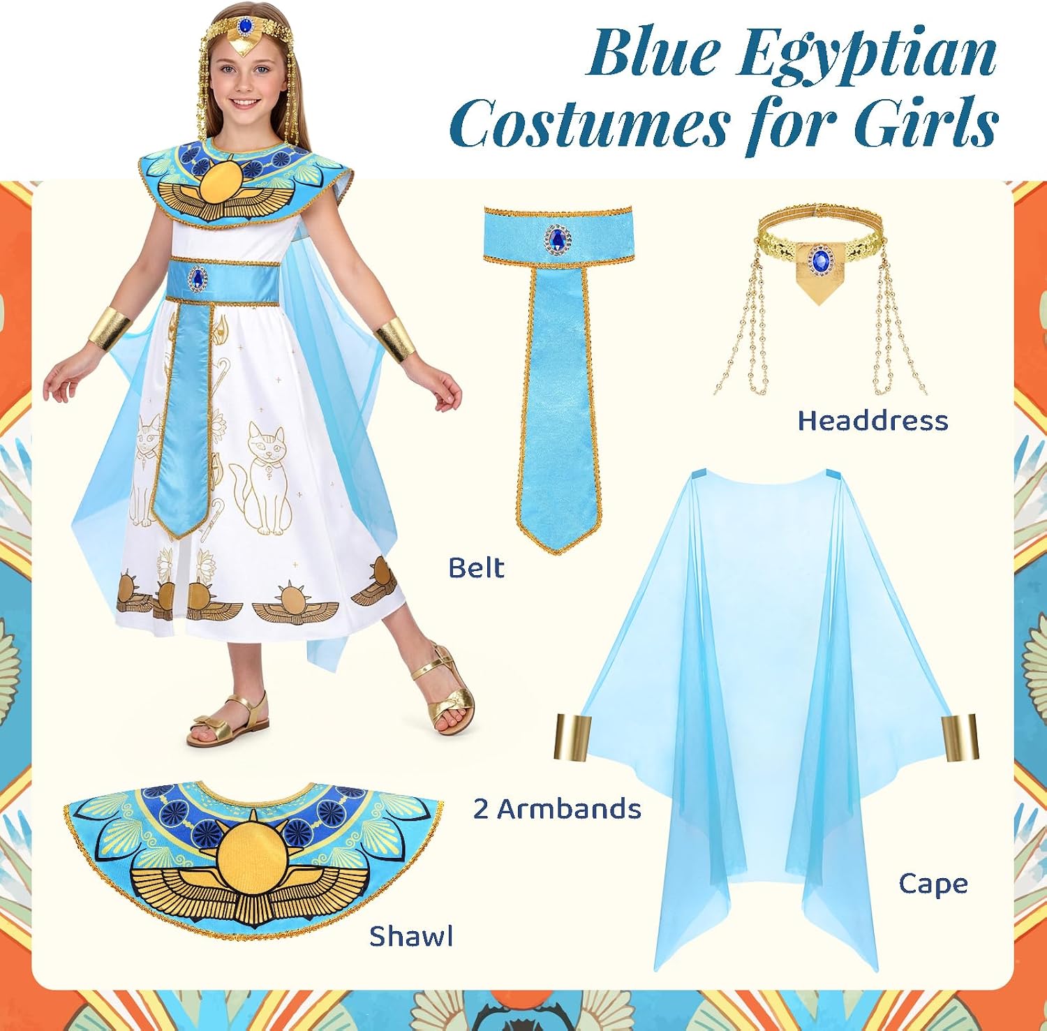 Thumbnail 1 de WIKITOT Egyptian Costumes for Girls (Aged 5–13) – Full Egyptian dress-up set for World Book Day & Halloween