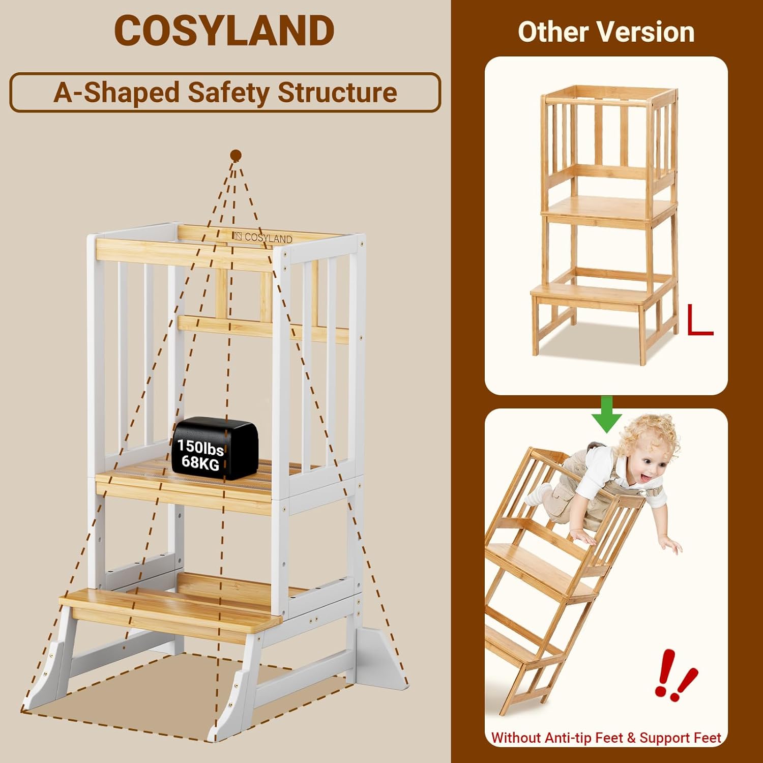Detalle de COSYLAND Height-Adjustable Toddler Standing Tower: Stable, Lightweight Kitchen Stool for Growing Kids