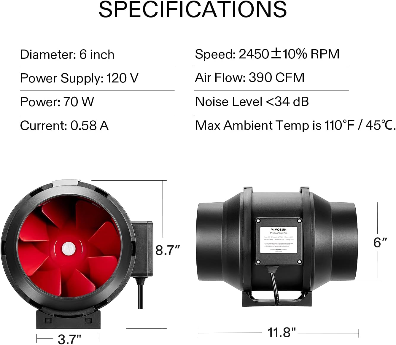 Thumbnail 6 de VIVOSUN Inline Duct Fan 6 inch 390 CFM EC motor with speed controller (quiet pipe fan)