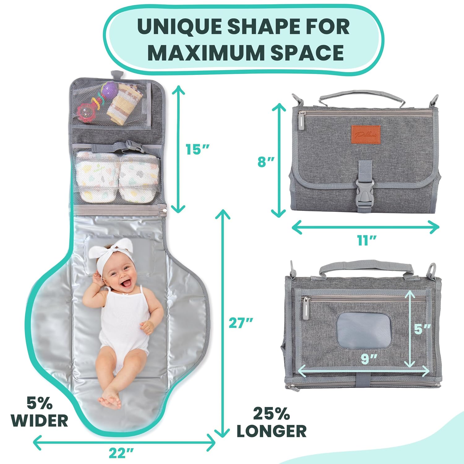 Detalle de PILLANI Portable Baby Changing Pad, Waterproof, Foldable with Wipes Holder