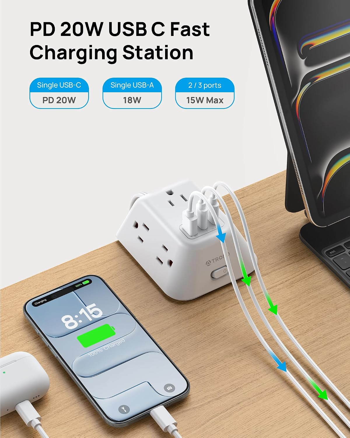 Thumbnail 2 de TROND TD-PS-US16C Desk Clamp Power Bar, 5 Outlets and 3 USB Ports