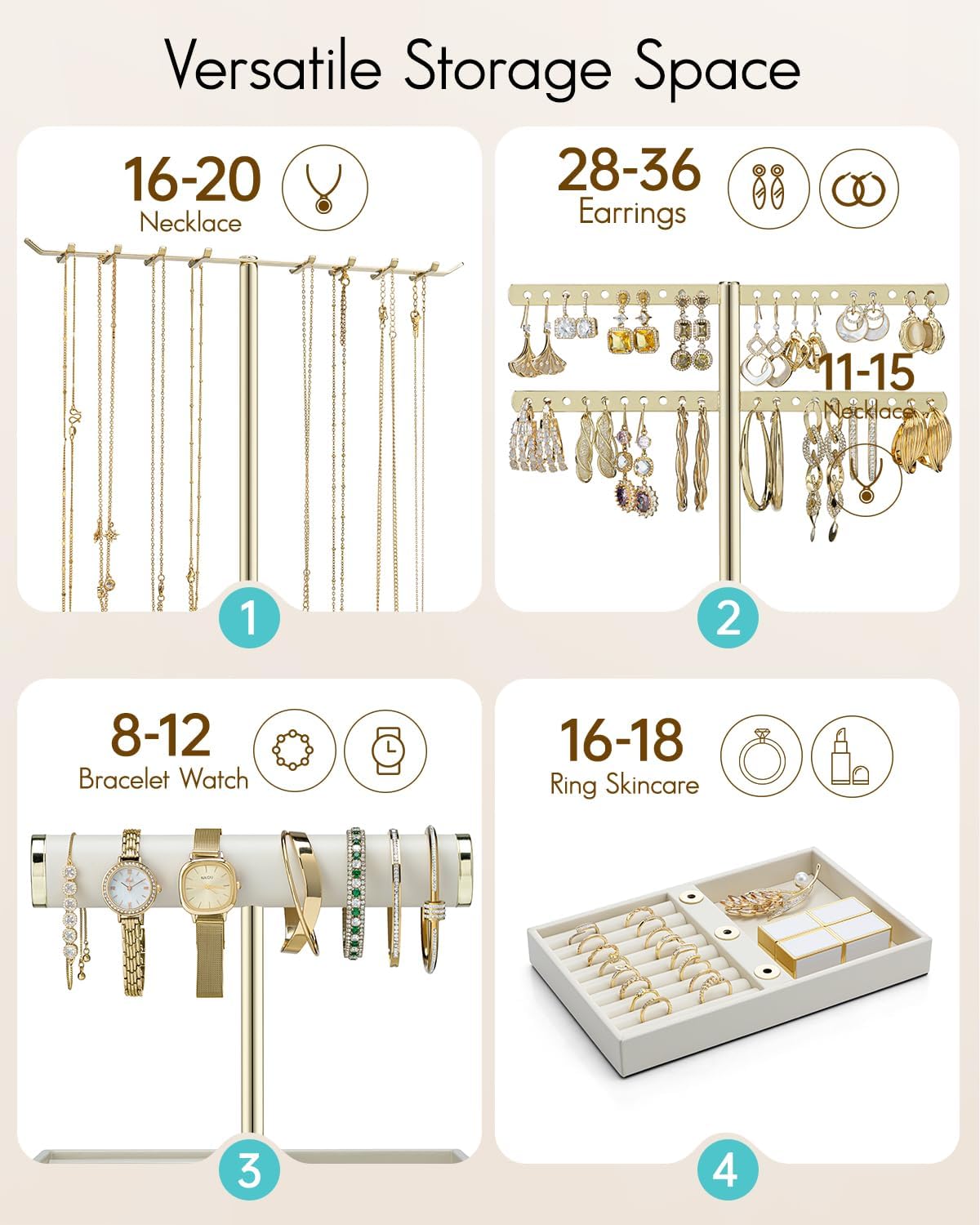 Detalle de VLANDO: Organizador de joyas de 4 niveles en cuero PU para collares, anillos y pendientes