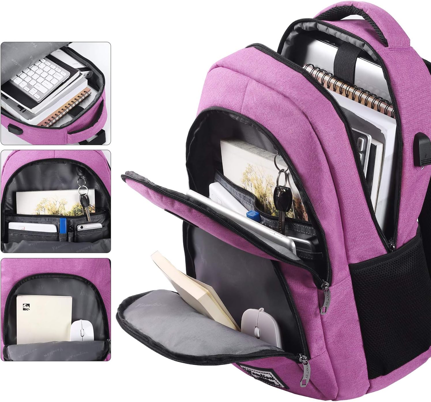 Detalle de YAMTION Schulrucksack für Damen und Mädchen – 35L, Laptopfach 15,6 Zoll, USB-Ladeanschluss