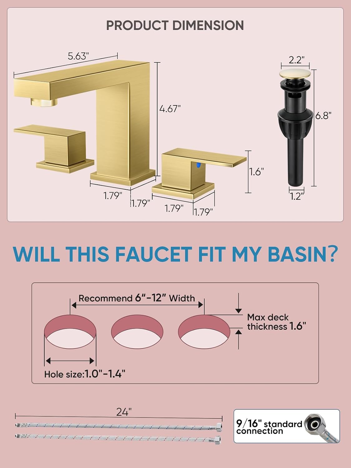 Thumbnail 6 de Cobbe CB-11004G Widespread Bathroom Faucet, Brushed Gold Stainless Steel