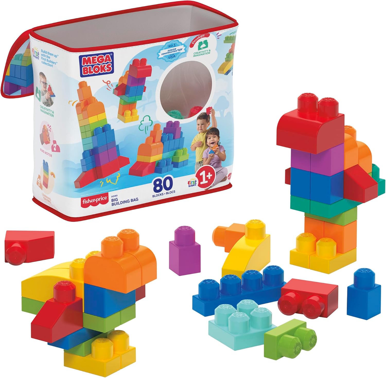 Detalle de MEGA BLOKS DCH63 1才からのメガブロック 80ピース ブルー 大きめサイズの知育ブロック