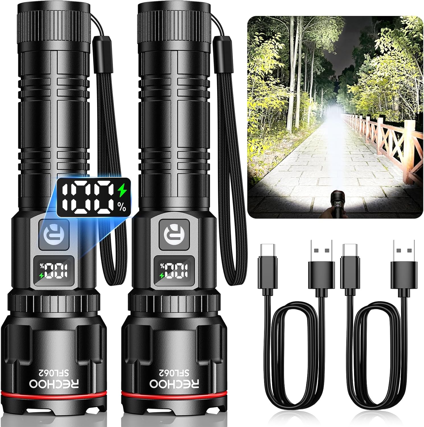 Detalle de RECHOO Rechargeable Flashlights 2 Pack: Super Bright LED Torches with LCD Display