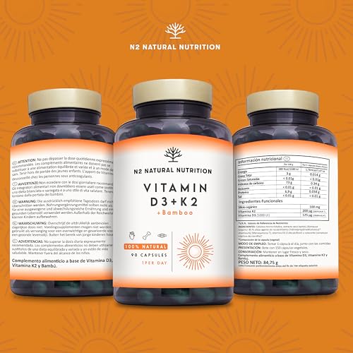 Detalle 2 de N2 Natural Nutrition Vitamina D3 y K2 (MK7) 5000 UI + 200 µg, con Silicio y Bamboo. 150 cápsulas