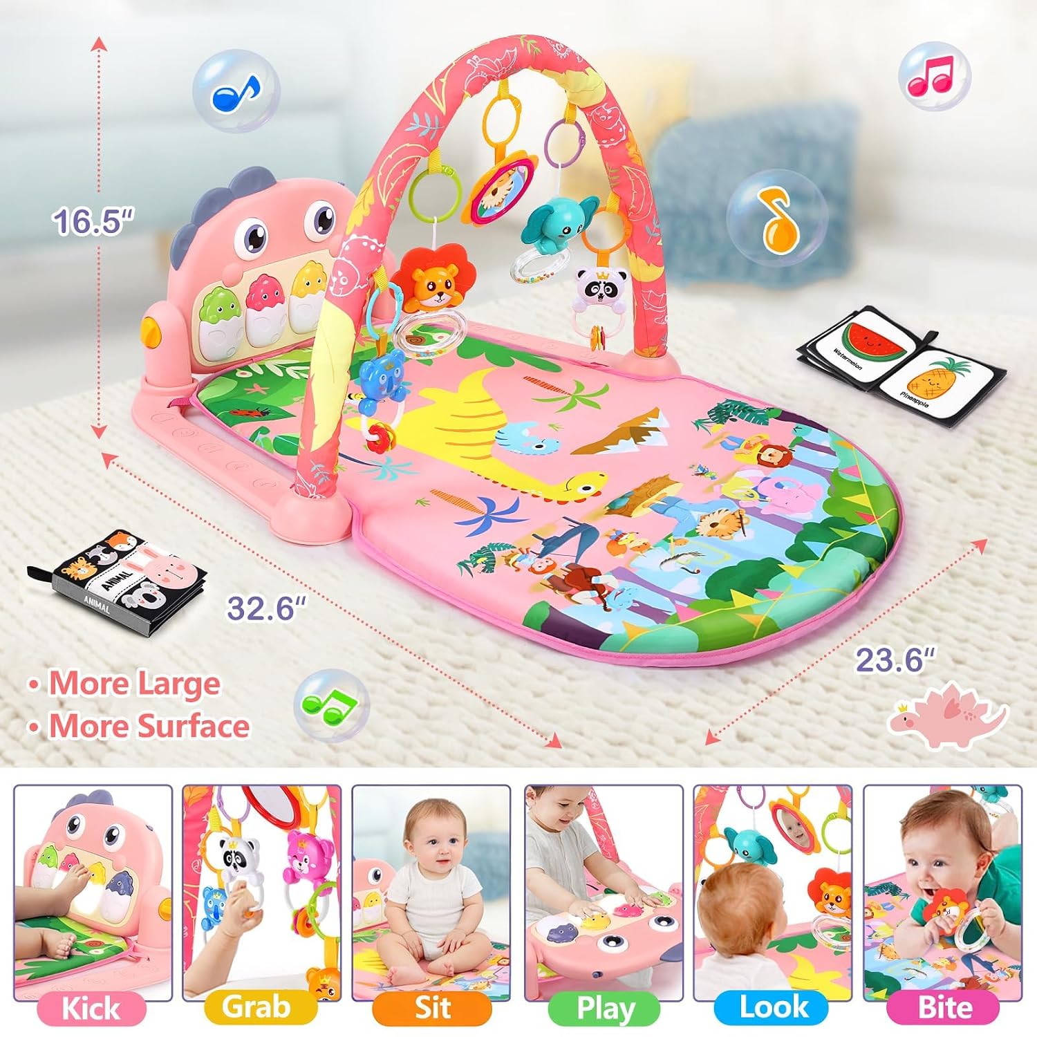 Detalle de UMIKU Baby Play Mat, Pink Dinosaur Activity Gym with Piano and High-Contrast Books