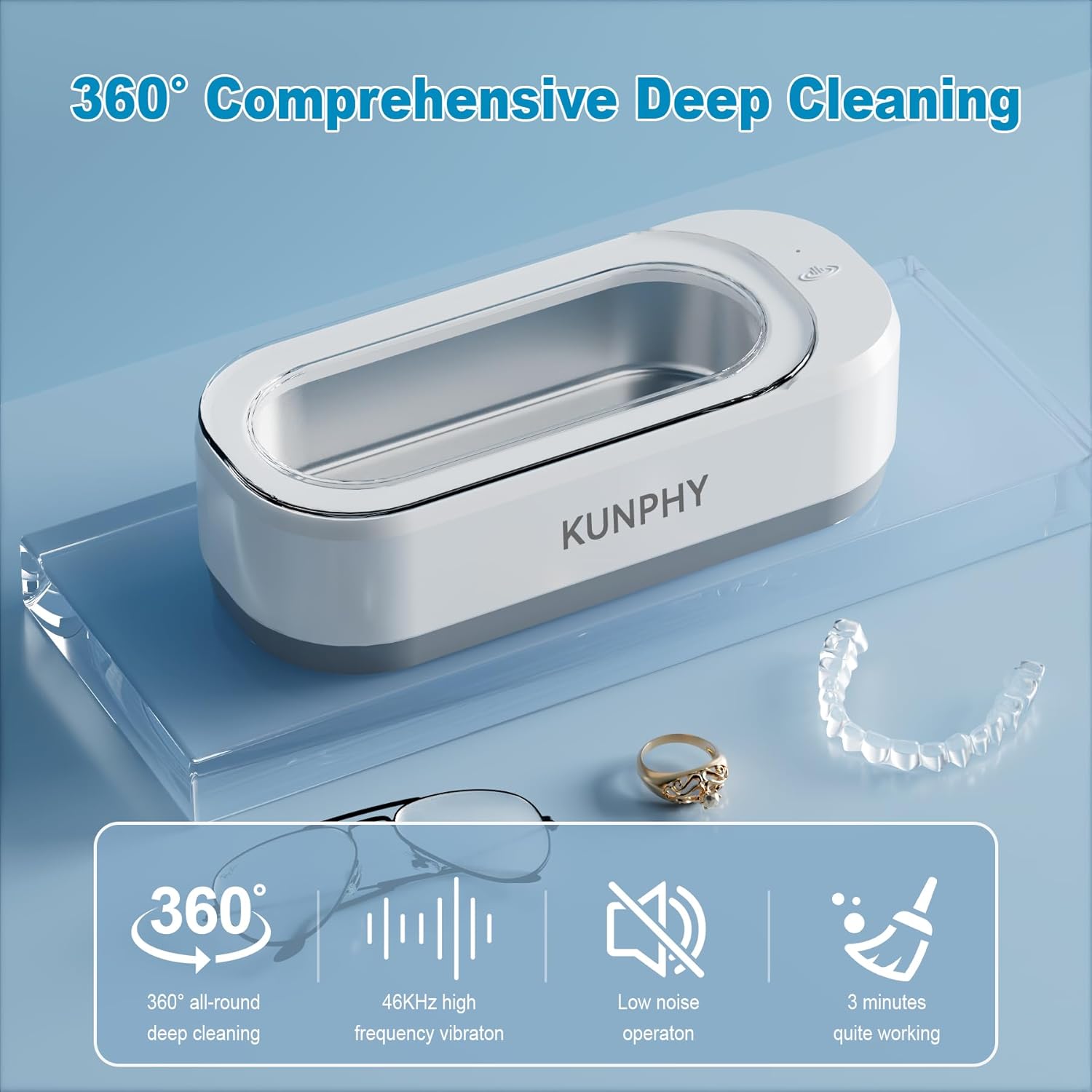 Detalle 2 de KUNPHY Ultrasonic Jewellery Cleaner (12oz, 46kHz) – one-touch ultrasonic cleaner for rings, glasses & more