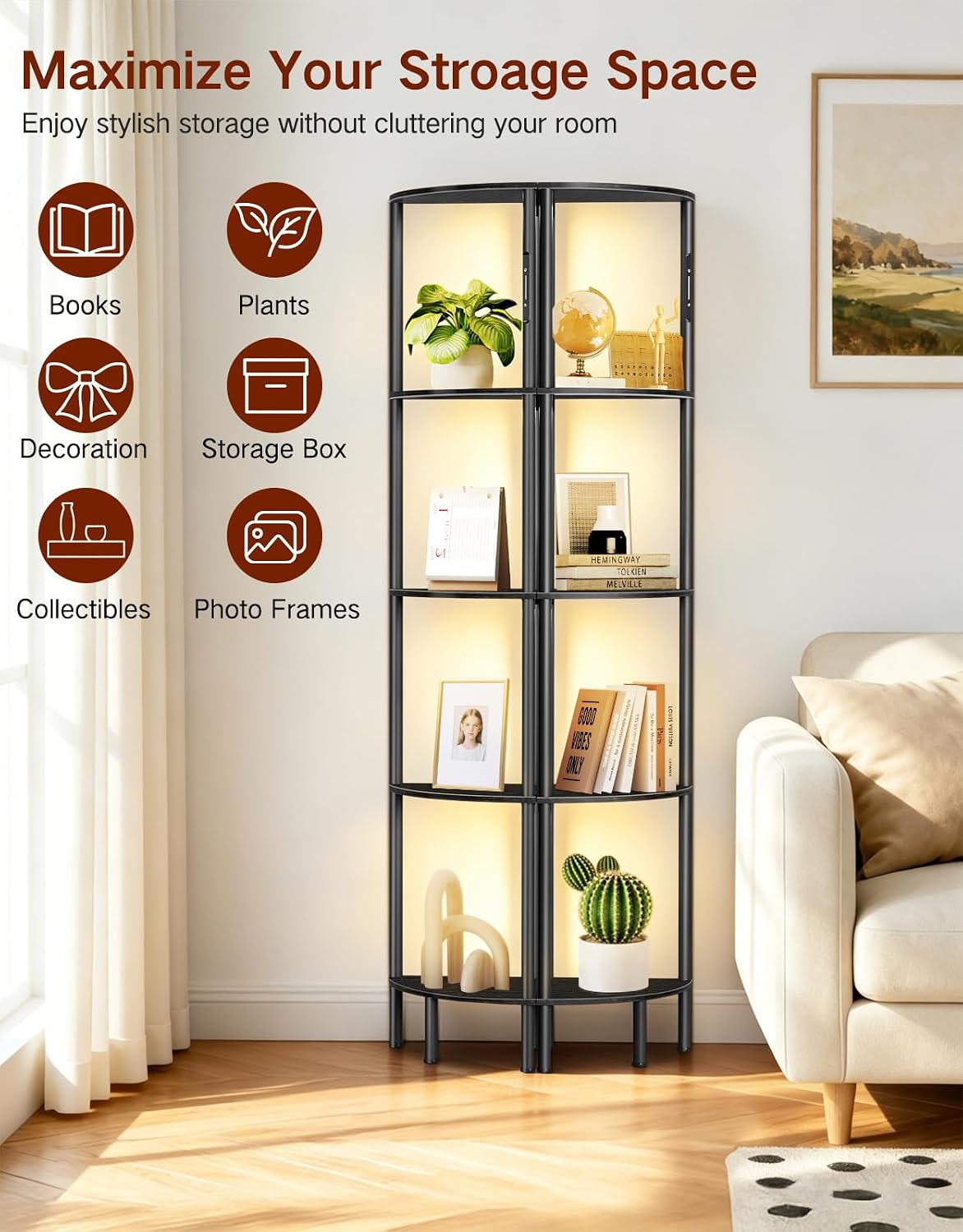 Thumbnail 3 de OUTONLIFE LED Floor Lamp with Shelves (Black) – 3 Colour Temps, Dimmable, Touch & Remote, 169cm