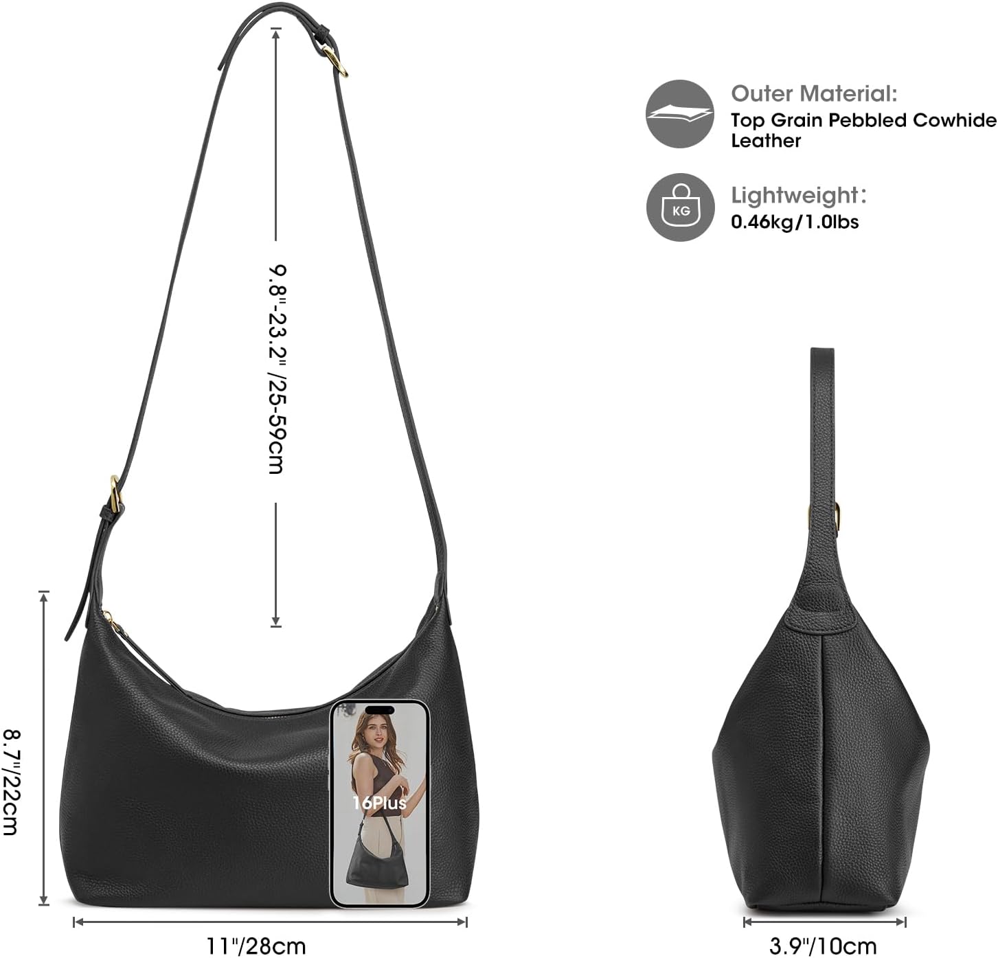 Detalle de Kattee Meduim Sacs Hobo pour femme en cuir véritable — sac à bandoulière polyvalent