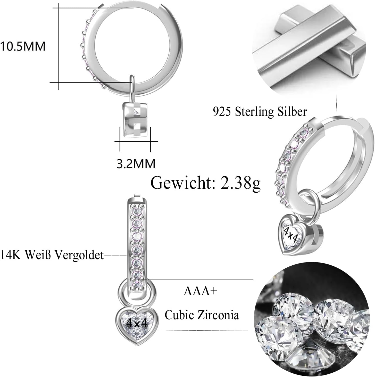 Detalle de Ohrringe Silber 925 Hängende Creolen mit Herz und Zirkonia (14K Weißgold vergoldet) – für Damen & Mädchen