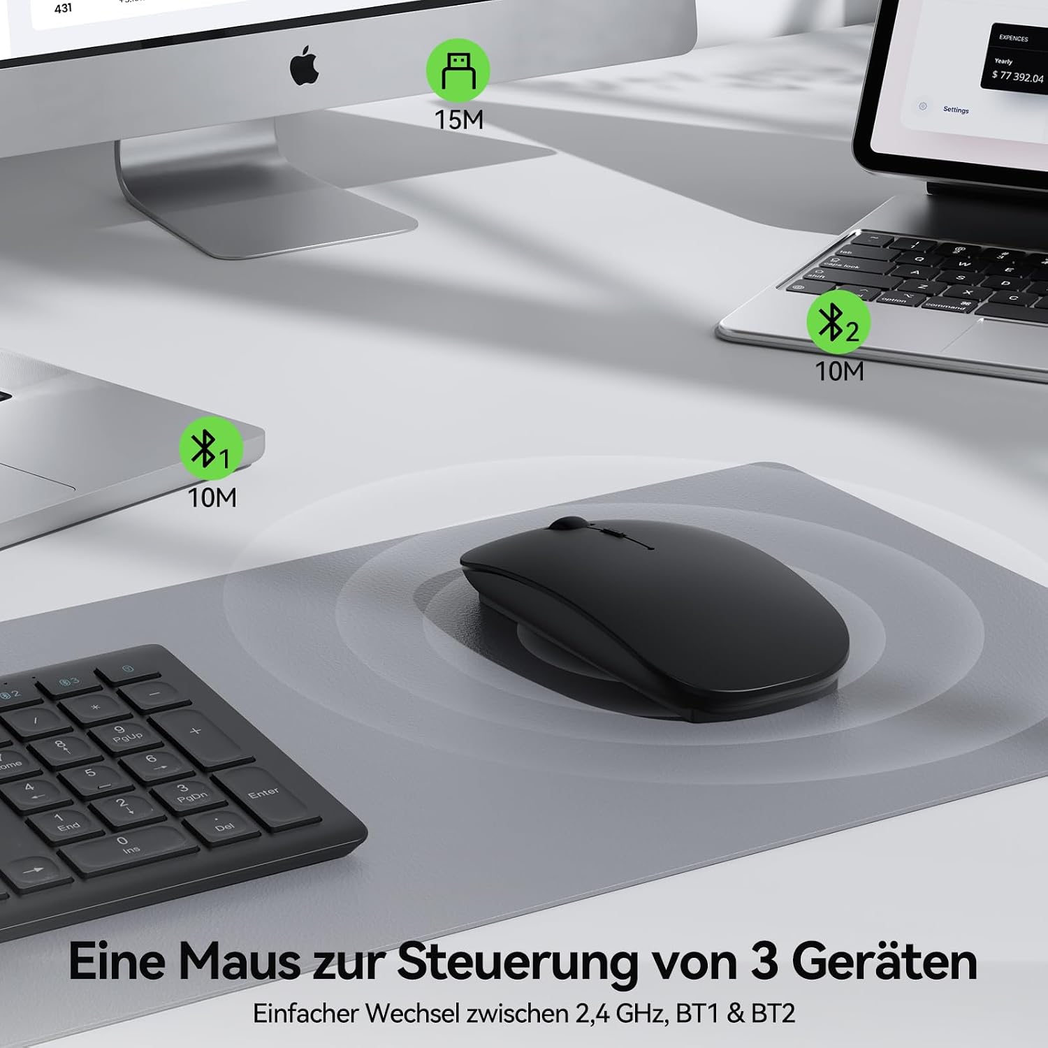 Thumbnail 1 de TECKNET Bluetooth Maus – Kabellose 3‑Geräte‑Maus mit 4800/3200/2400/1600/1200/800 DPI, USB‑Funkempfänger (2,4 GHz), Bluetooth 5.0, ultradünn und leise