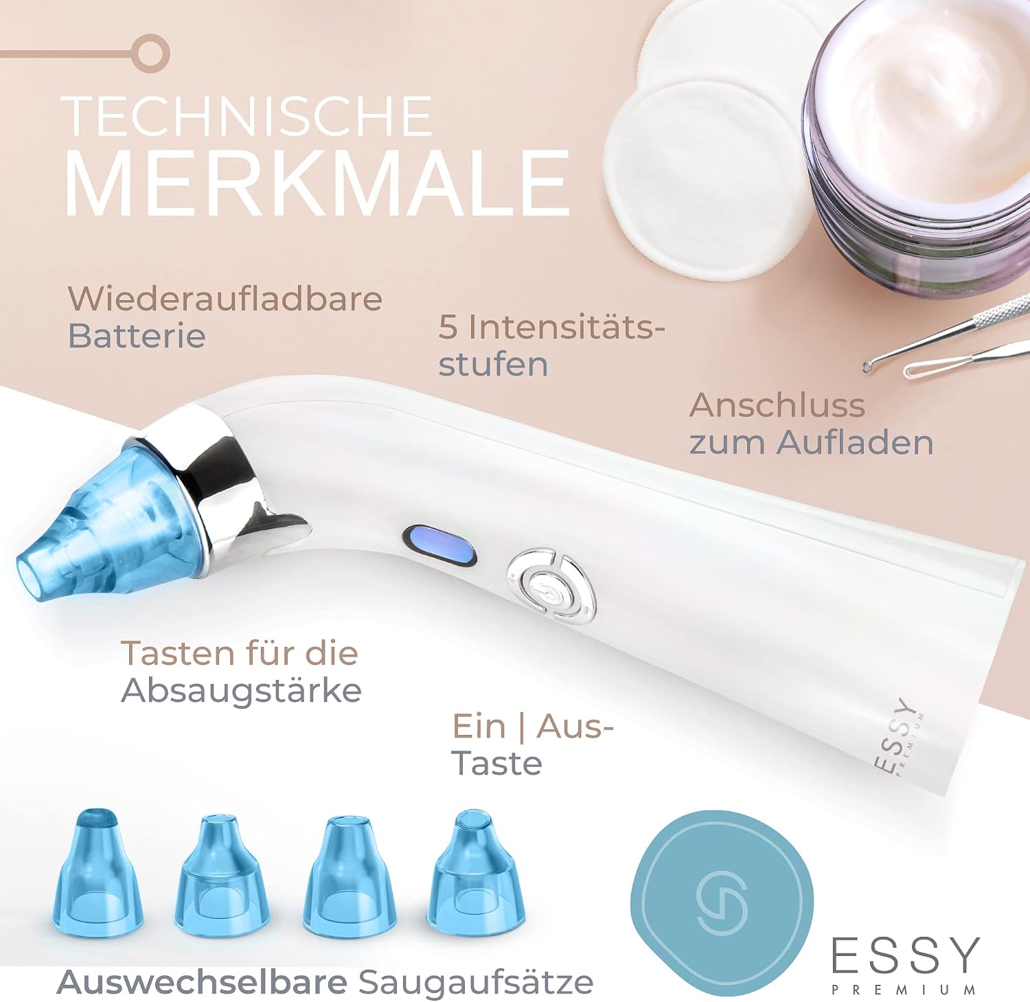 Detalle de Essy Mitesserentferner Gesichtsreinigungsgerät – kabellos, 5 Intensitätsstufen, 4 Saugaufsätze, Tiefenreinigung der Poren (Blau)