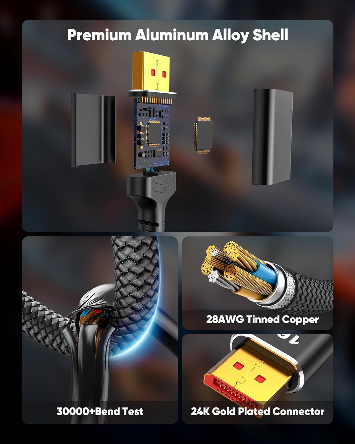 Thumbnail 5 de Highwings 80Gbps DisplayPort 2.1 Cable — 6.6ft, 16K/8K/4K, Braided, HDR10 DSC 1.2a, G-Sync/FreeSync Compatible
