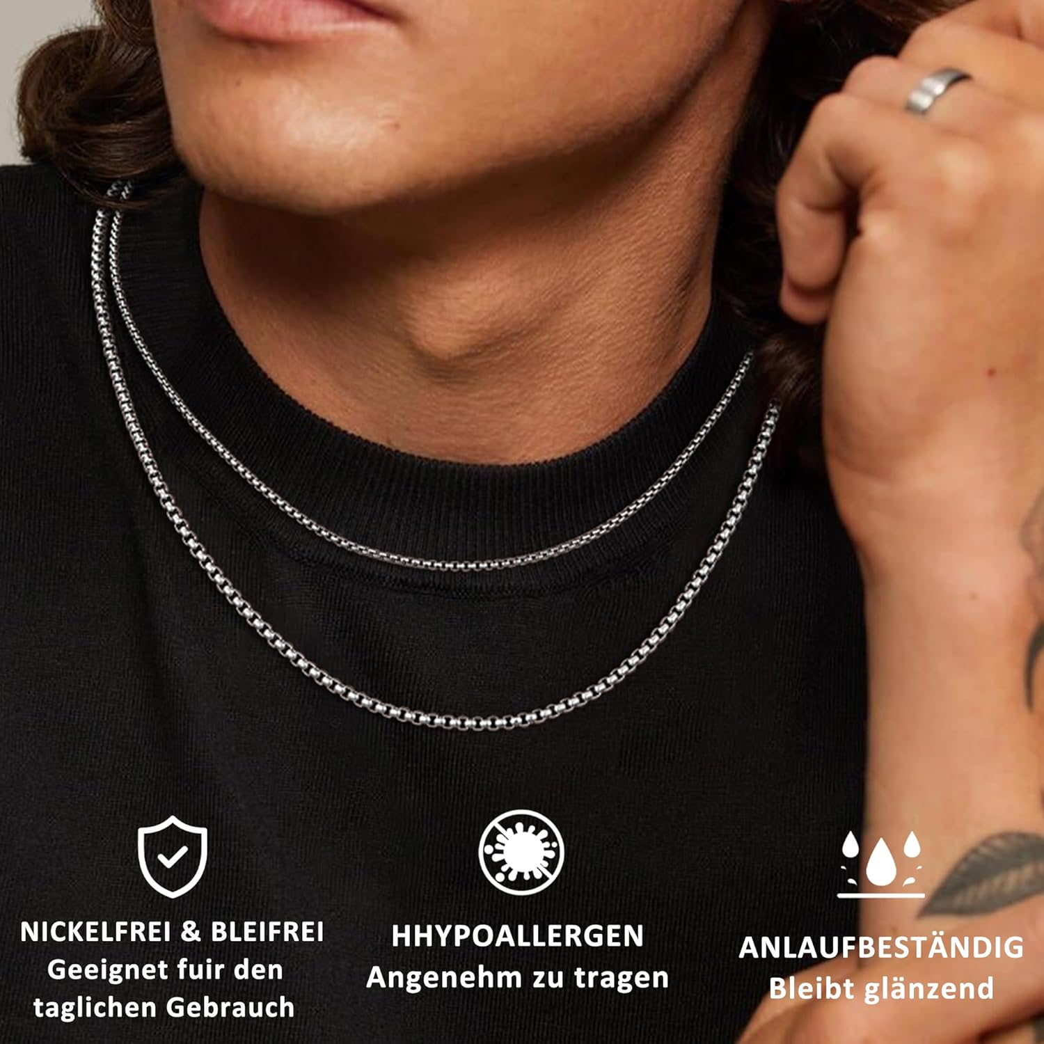 Detalle de Esrael 2/3mm Weizen/Venetian Edelstahl Kette für Männer – robustes, hypoallergenes Schmuckstück