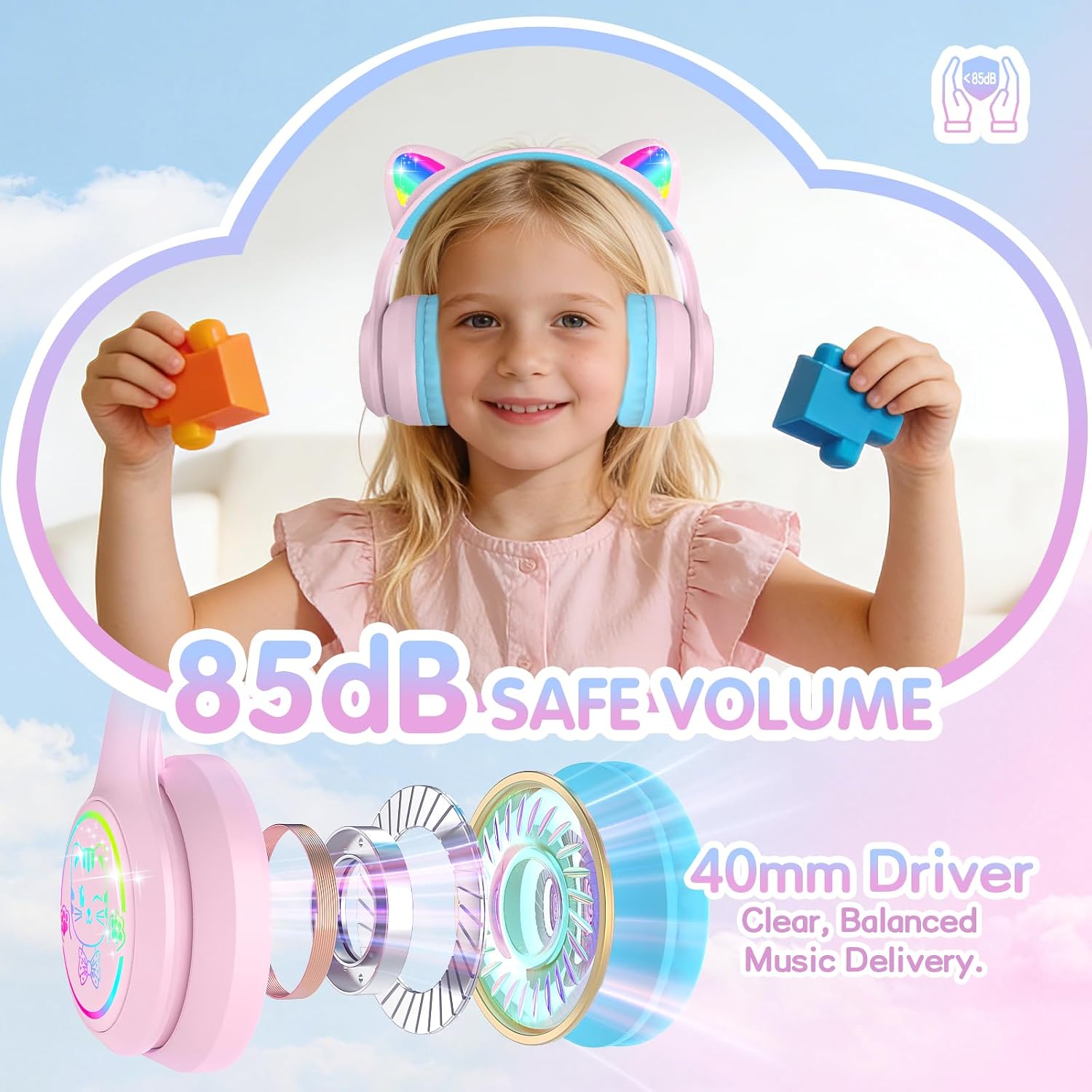Thumbnail 1 de IFECCO Kids Wireless Headphones with Microphone and LED Cat Ears