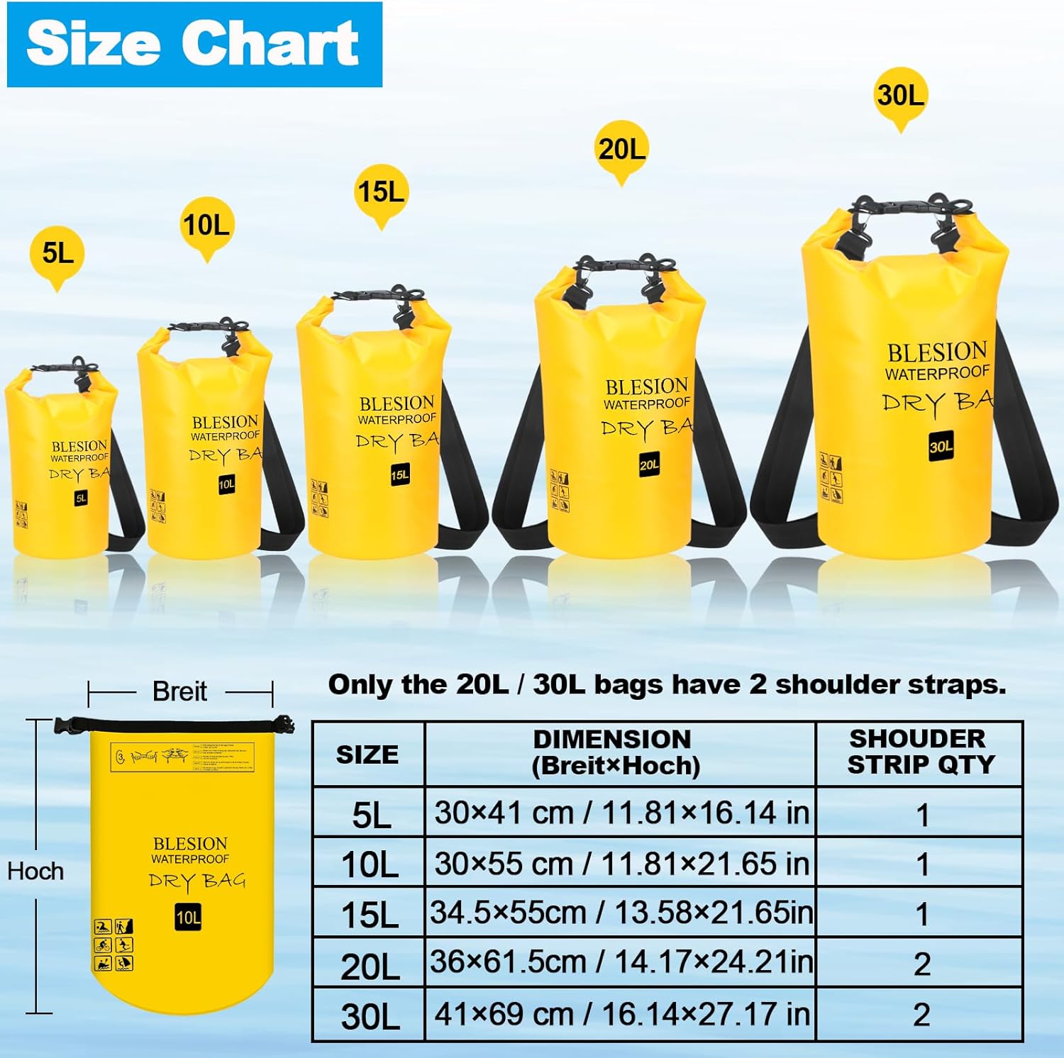 Detalle de BLESION Dry Bag 5–30L wasserdichte Tasche mit verstellbarem Schultergurt – für Kajak, Angeln, Wandern
