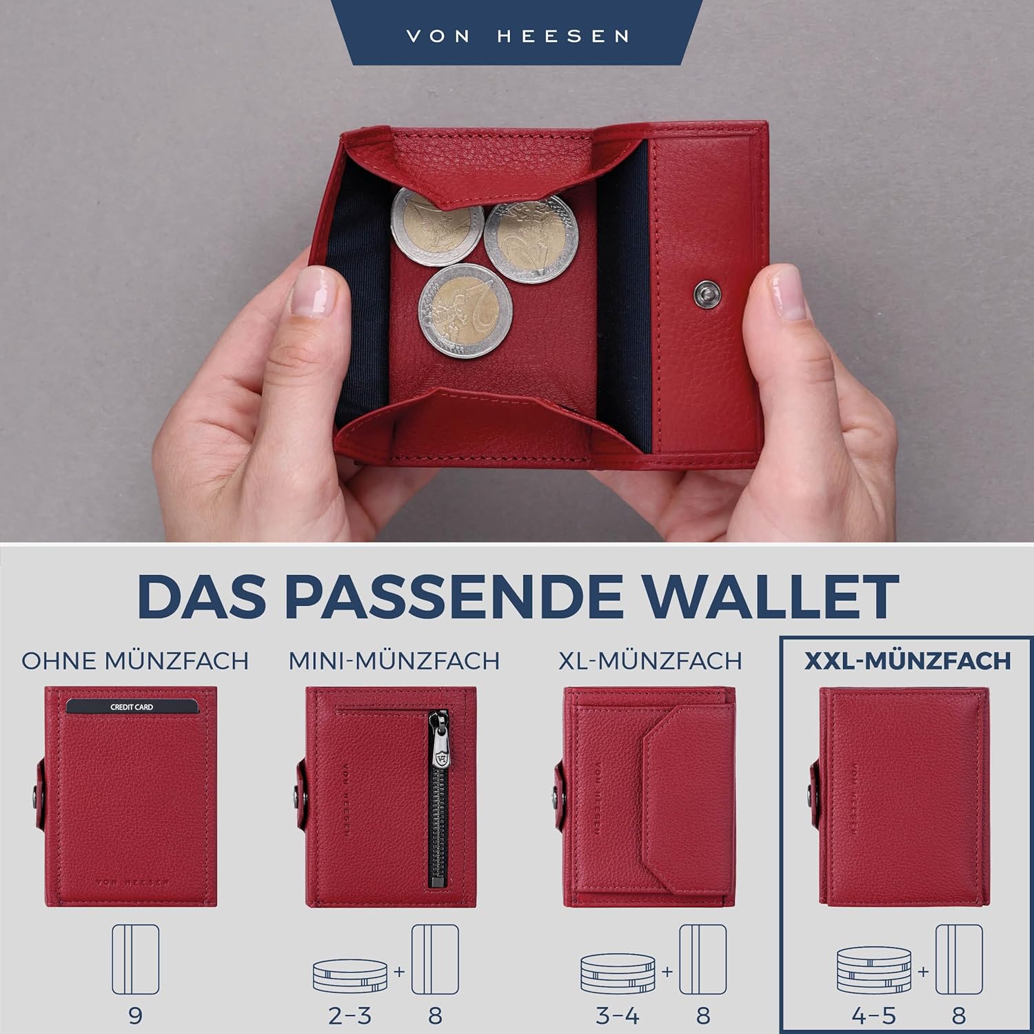 Thumbnail 5 de VON HEESEN Slim Wallet mit XXL Münzfach & RFID-Schutz – Leder Geldbeutel Rot