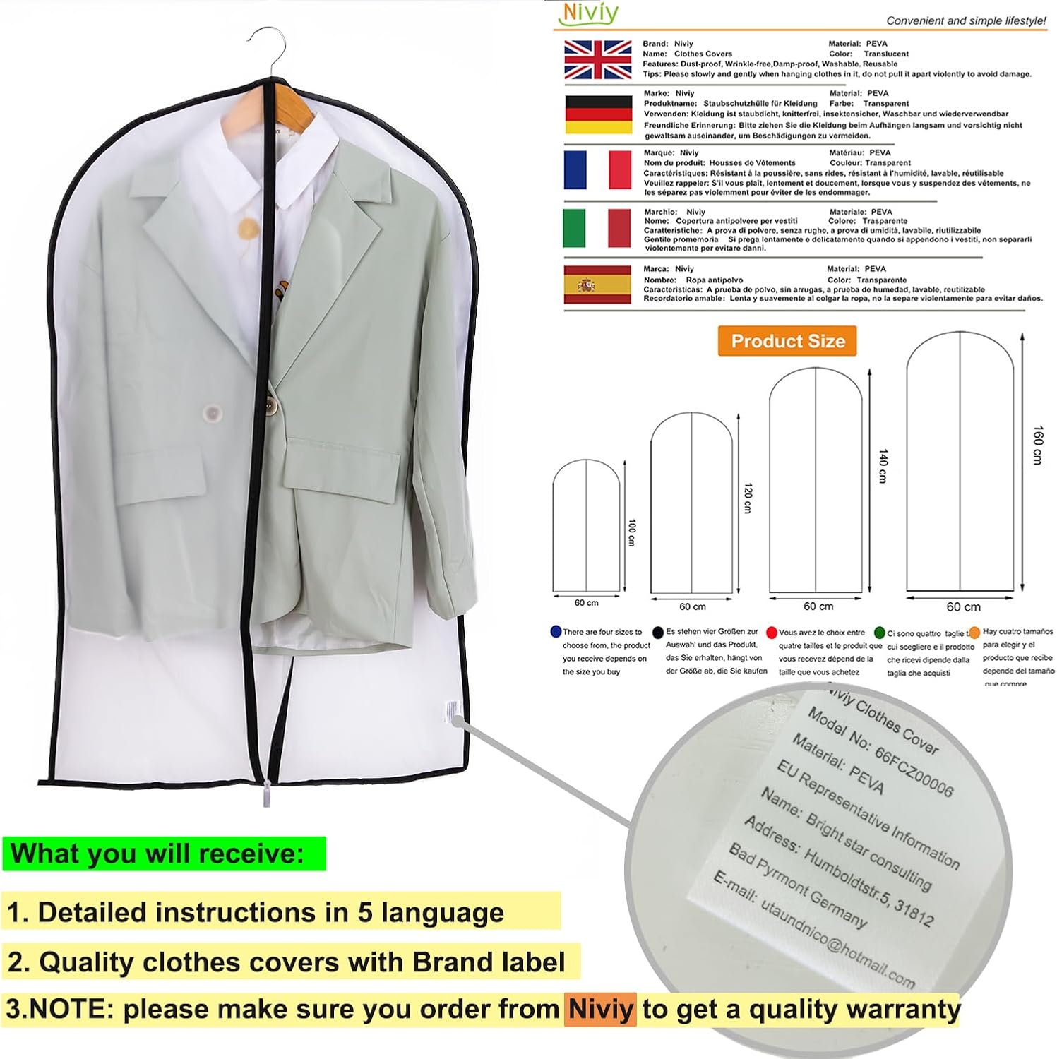 Thumbnail 5 de Niviy Suit Bags Garment Covers (60 x 100cm) – Moth Proof Clothes Protectors, Translucent PEVA, Zip Closure, 5 Pack (Black)