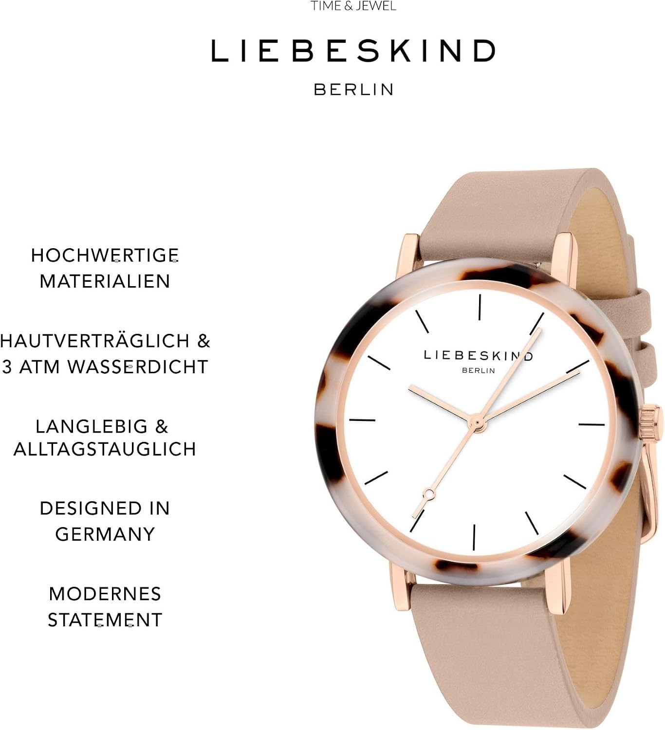 Detalle de LIEBESKIND BERLIN Damen Armbanduhr – Rundes Gehäuse mit gemustertem Acetat-Topring, Lederarmband, Roségold