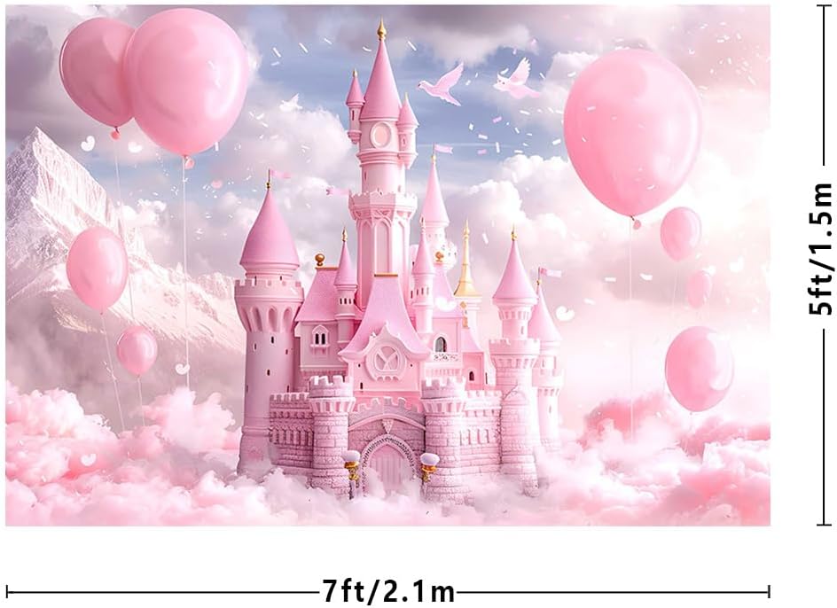 Thumbnail 2 de MEHOFOND 7x5ft Girls Birthday Photo Background (Pink Balloons & Castle)