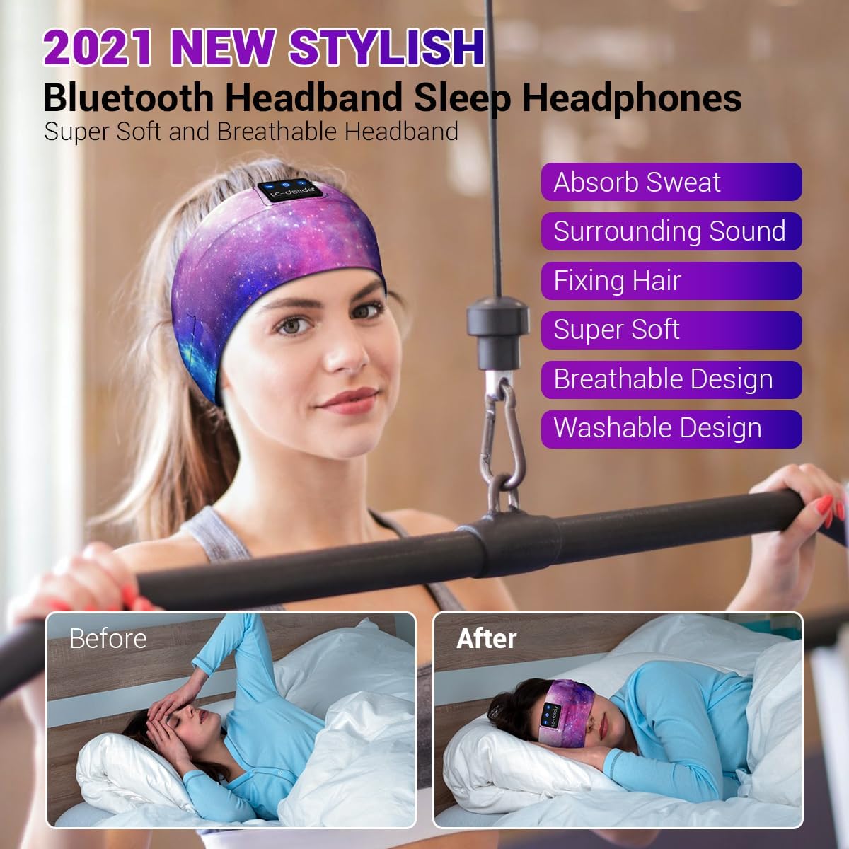 Detalle 2 de LC-dolida Sleep Headphones Bluetooth Headband with Stereo Speakers, Sleep Mask & Microphone