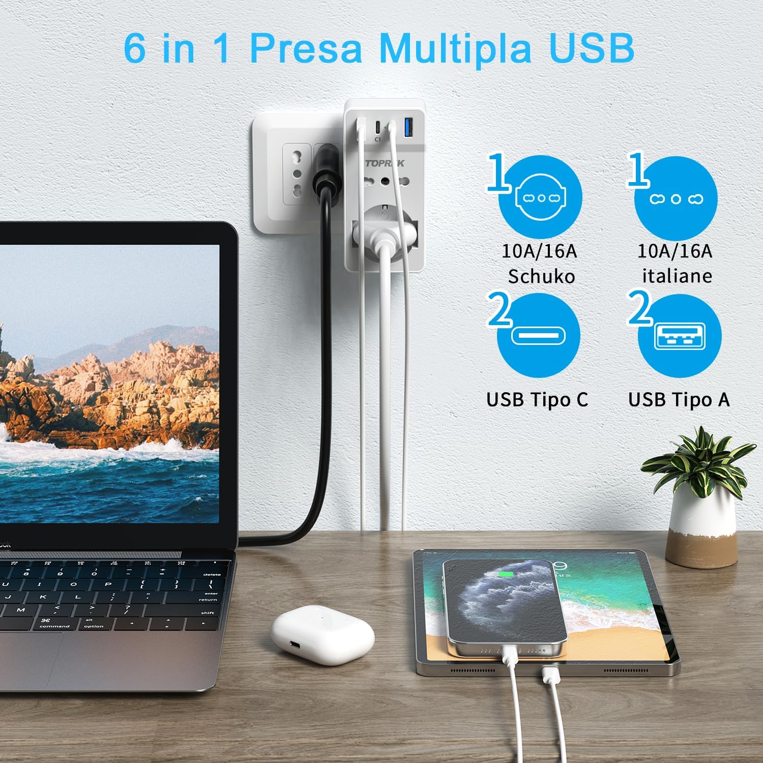 Thumbnail 1 de TOPREK Presa Multipla USB Salvaspazio 6 in 1 con Spina Italiana – 4000W/16A, 1 Schuko, 1 IT, 2 Type-C, 2 Type-A (Bianco)