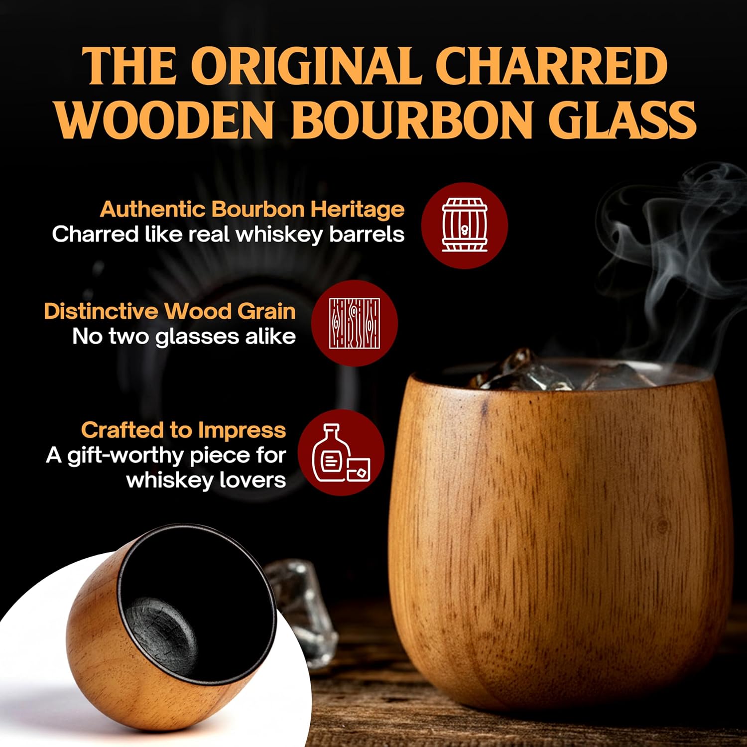 Detalle 2 de Oaksip The Original Charred Wooden Bourbon Drinking Glass (2-Pack) — Flavor-Preserving Whiskey Gifts