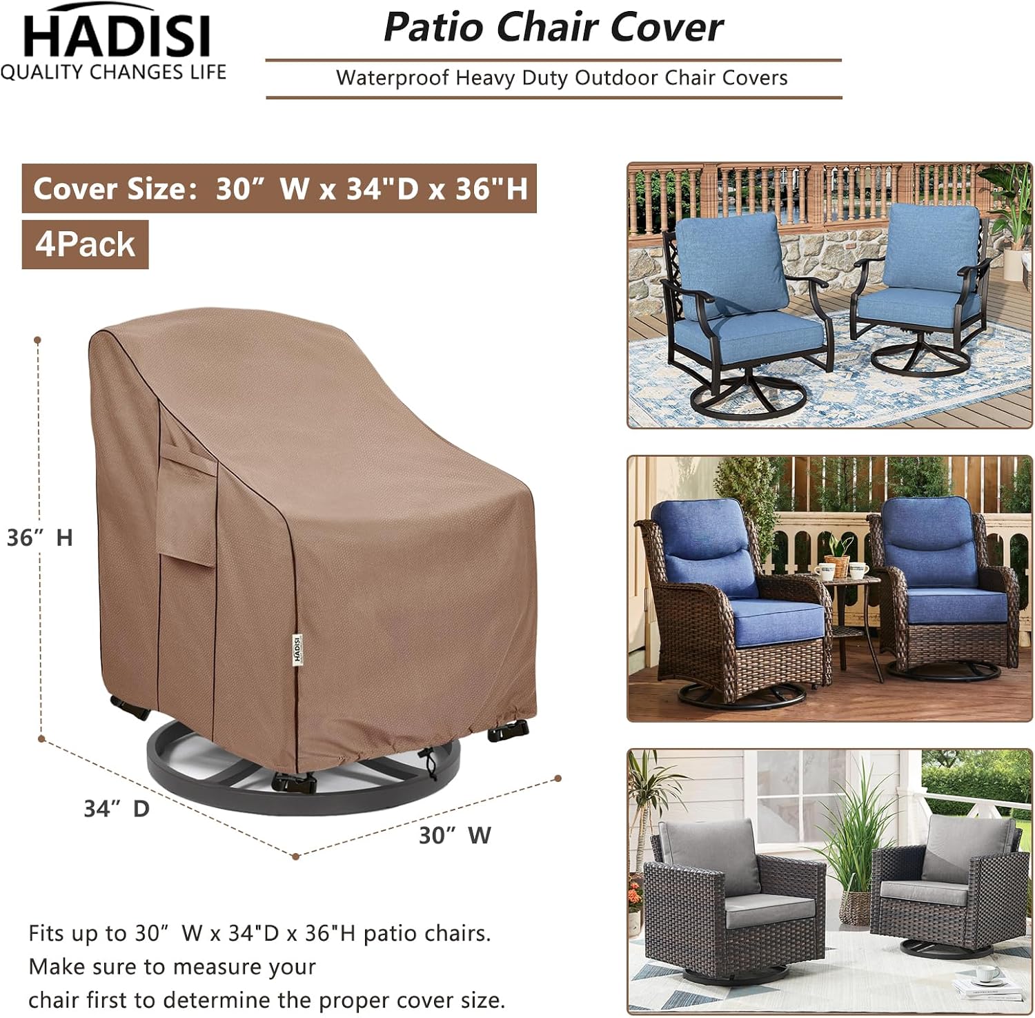 Detalle de Hadisi patio chair covers, 4-pack waterproof 600D polyester, 30"W x 34"D x 36"H