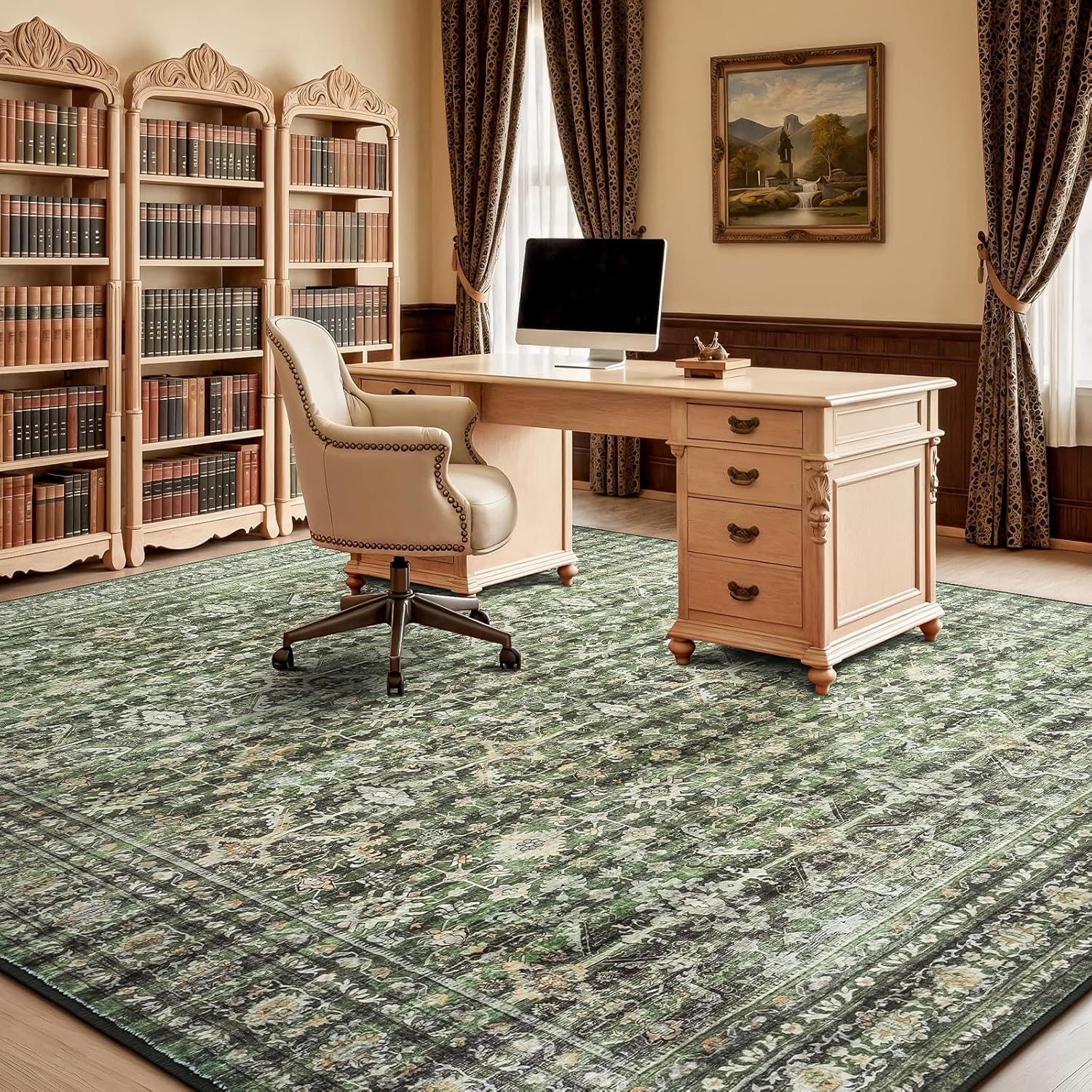 Detalle 2 de Lofus 8x10 Area Rug (Green) — Washable Boho Faux Wool Rug With Non-Slip TPR Backing