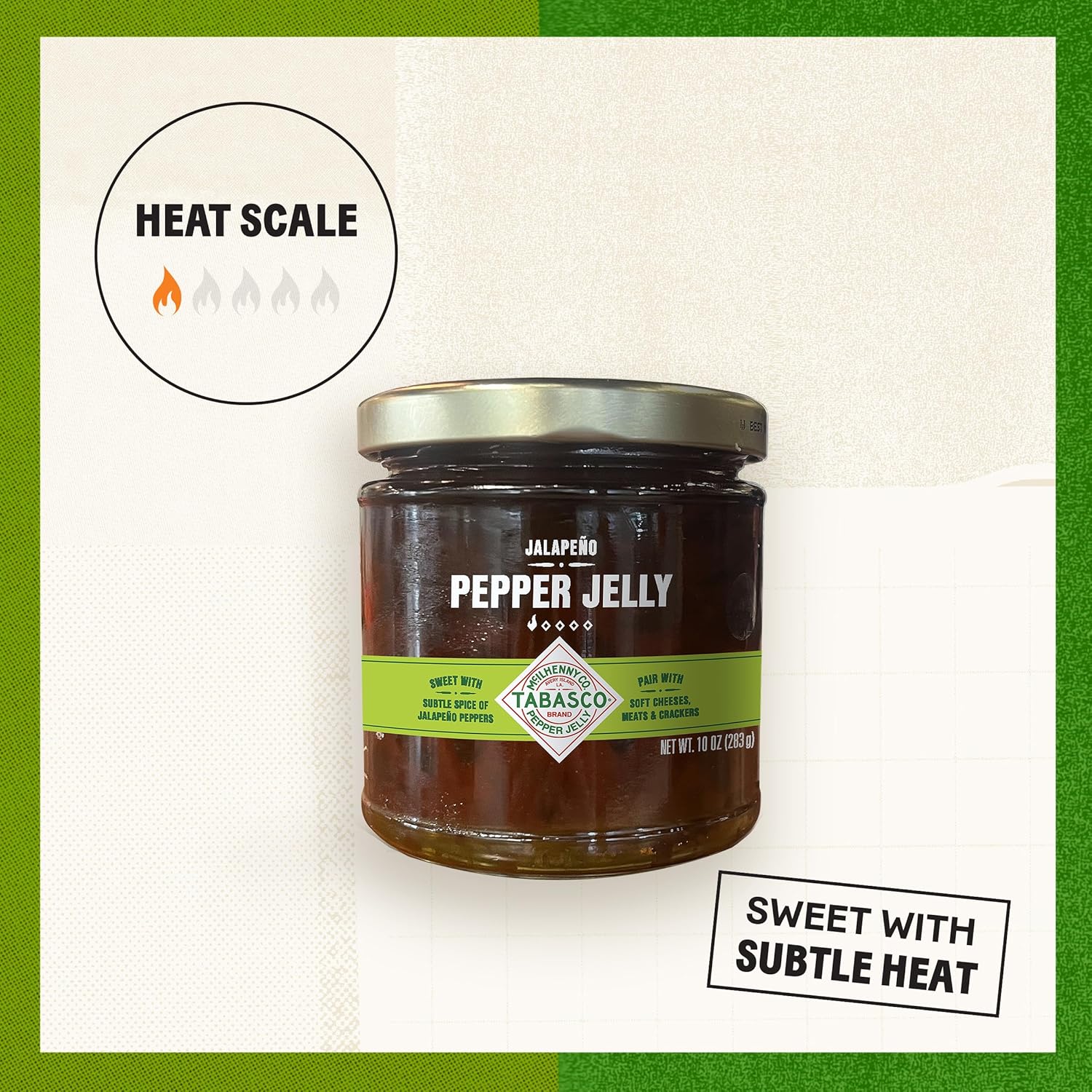 Detalle de TABASCO Pepper Jelly Jalapeño (süß-mild) – vegane, glutenfreie süße Paprika-Chili-Marmelade mit Jalapeños im 283-g-Glas