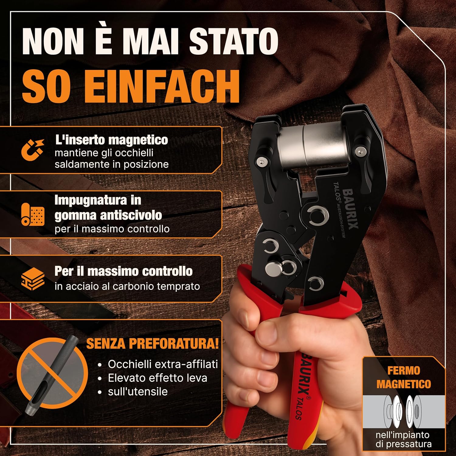 Detalle de BAURIX TALOS Pinza Occhielli Ø10 mm con 200 Occhielli – Autopunzante senza foro, per tessuti