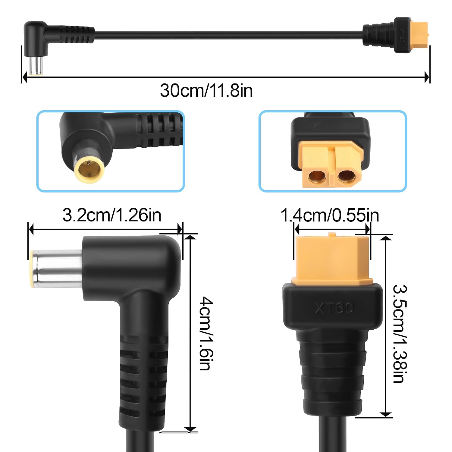 Detalle 2 de TIENFOKOTA XT60 to DC 7909 Male 90° Connector Adapter Cable, 16AWG (1ft) – Dual Output for Portable Power Stations and Solar Gear