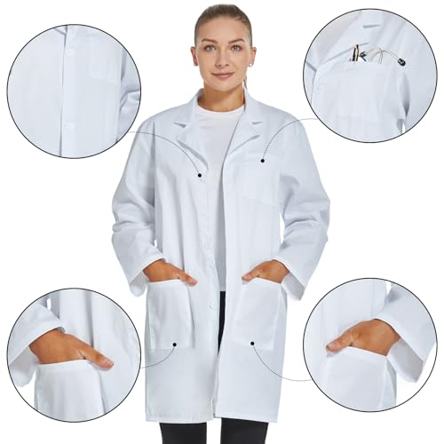 Detalle 2 de VOGRYE Women's Medical Lab Coat — Three Pocket, Long Sleeve, Button Front in White